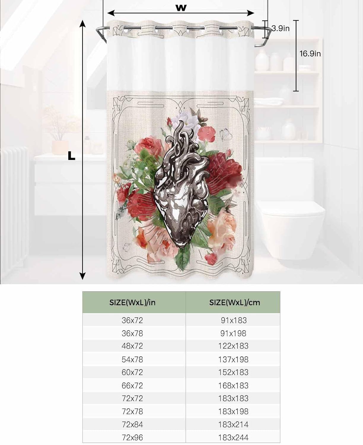 No Hook Botanical Heart Shower Curtain Set 54x78