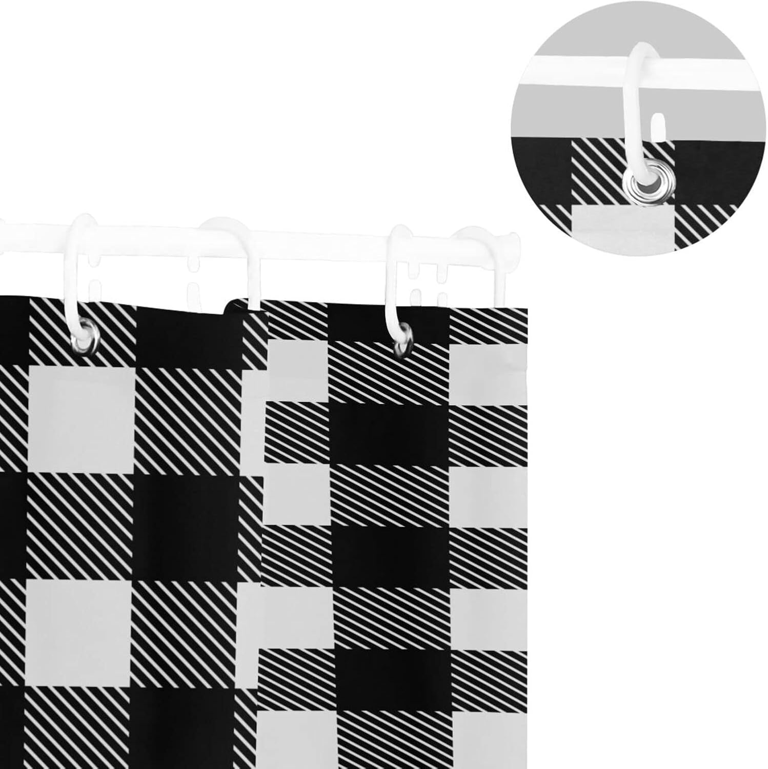 Susiyo - Waterproof Machine Washable Black White Tartan Plaid Bathroom Shower Curtain with Hooks