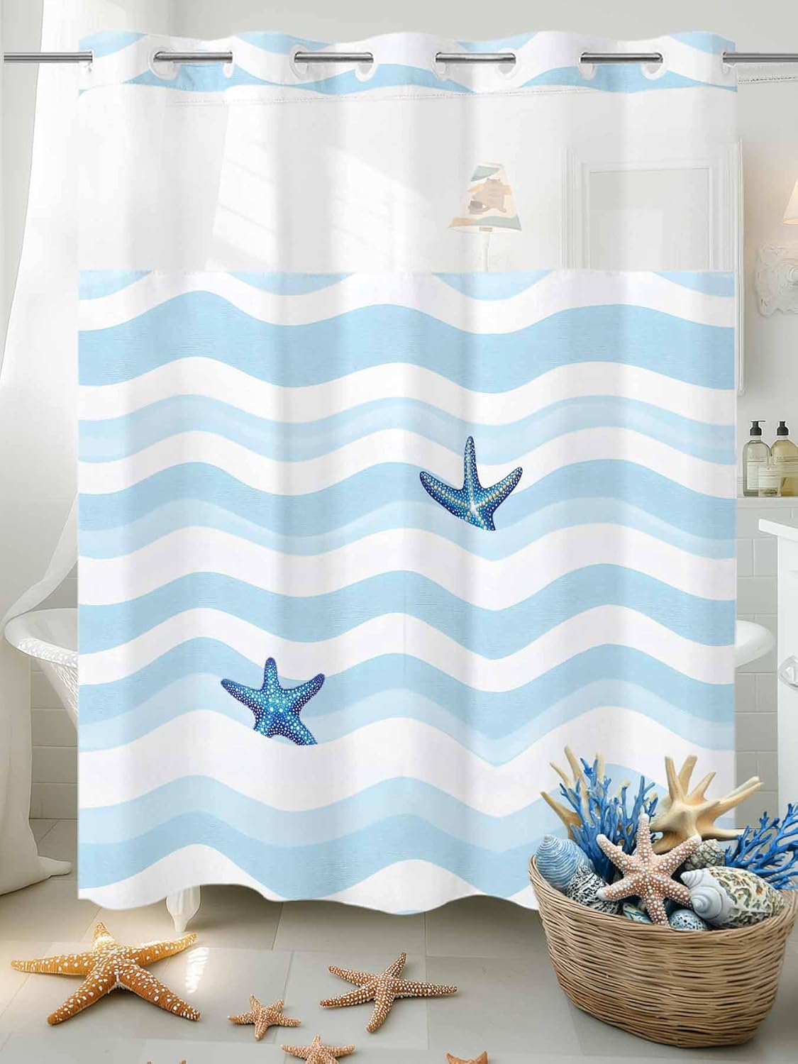 No Hooks Nautical Blue Shower Curtain Set