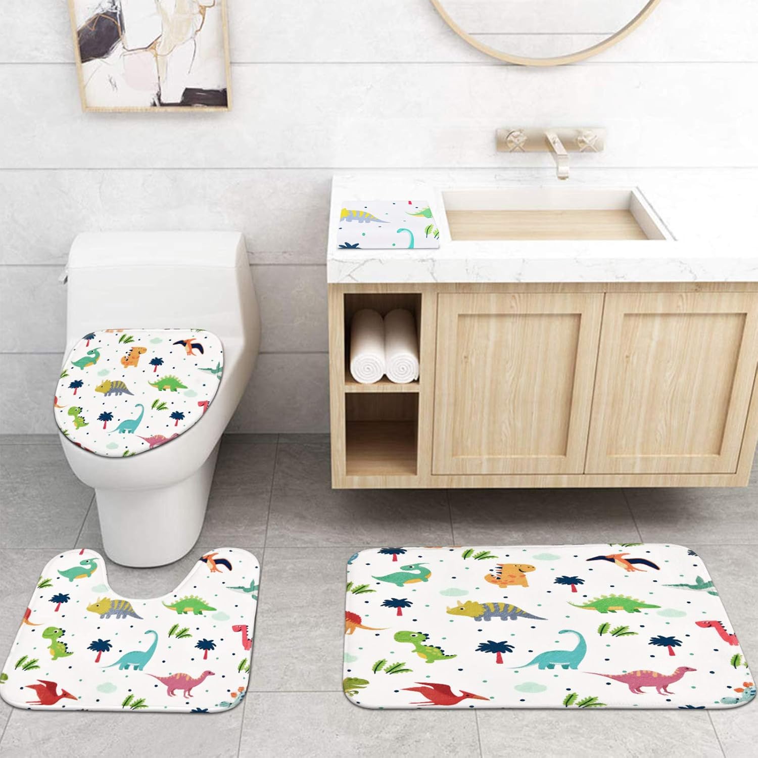 Ikfashoni 7 Piece Cartoon Dinosaur Bath Set with Rug and Towels
