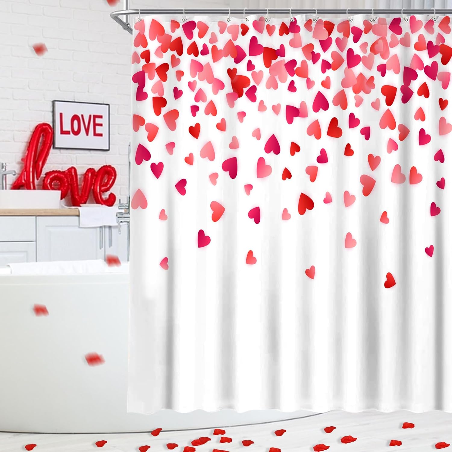 Stylish Valentines Day Shower Curtain with Falling Red Hearts for Your Bathroom