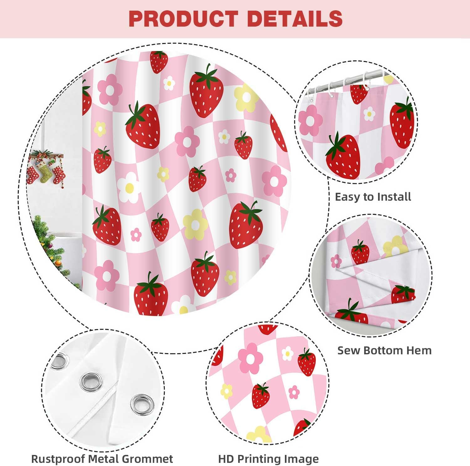 Strawberry Shower Curtain Retro Girly Design for Bathroom Decor