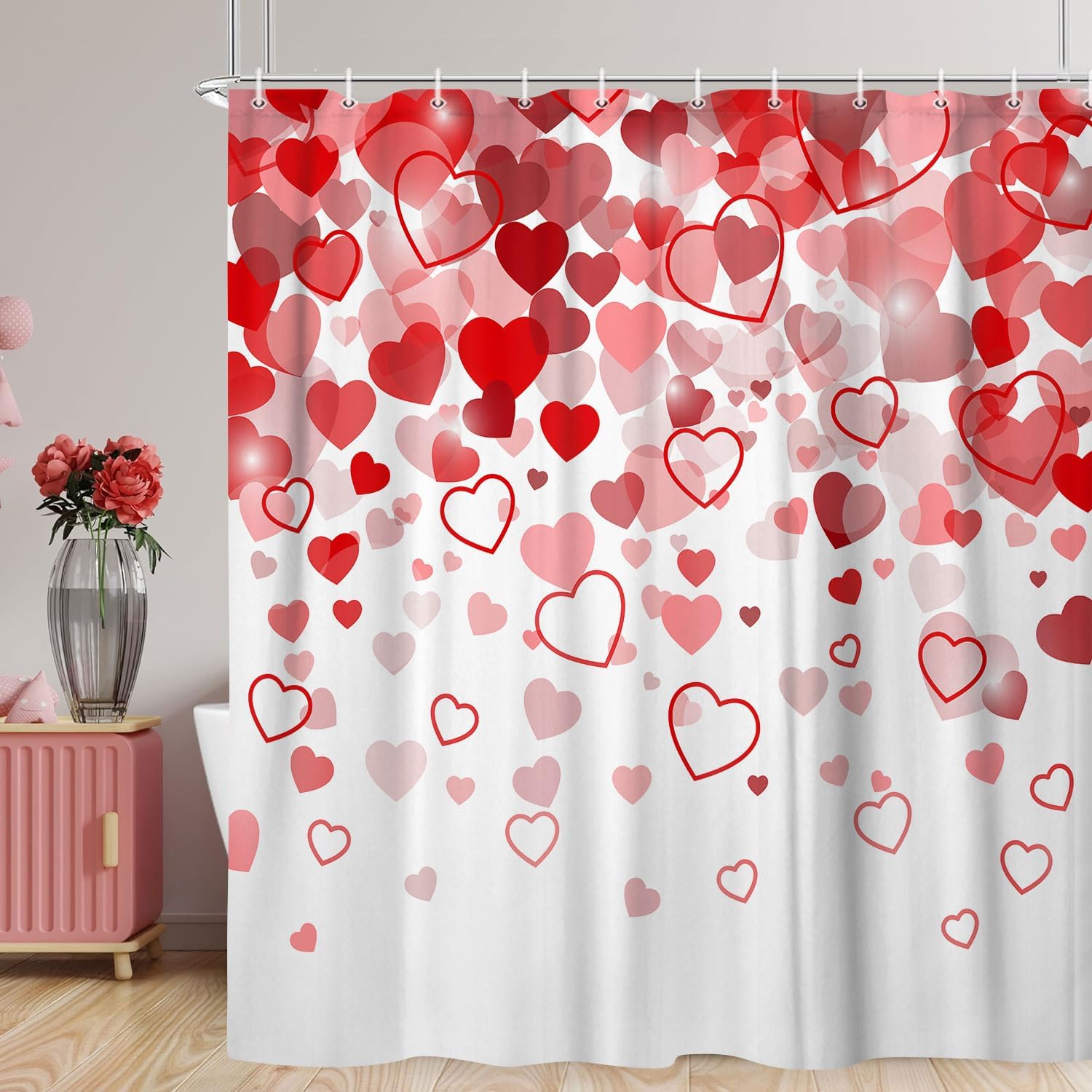 JAWO Valentines Red Heart Shower Curtain Set
