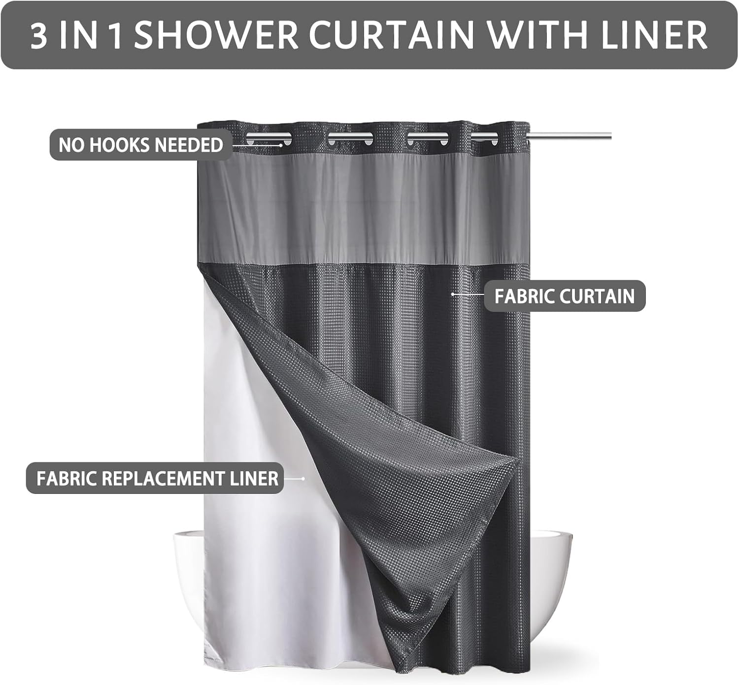 Furlinic No-Hook Waffle Weave Carpeted Shower Curtain Set