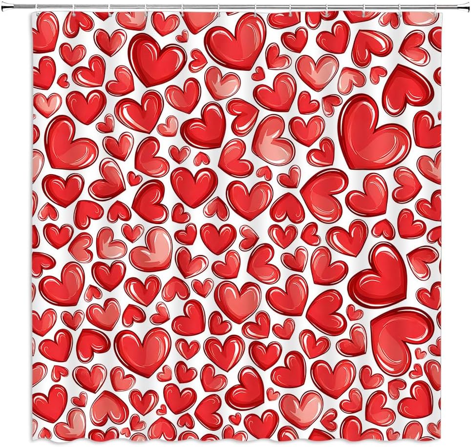 Red Heart Romantic Shower Curtain Set with Hooks for Valentines Day