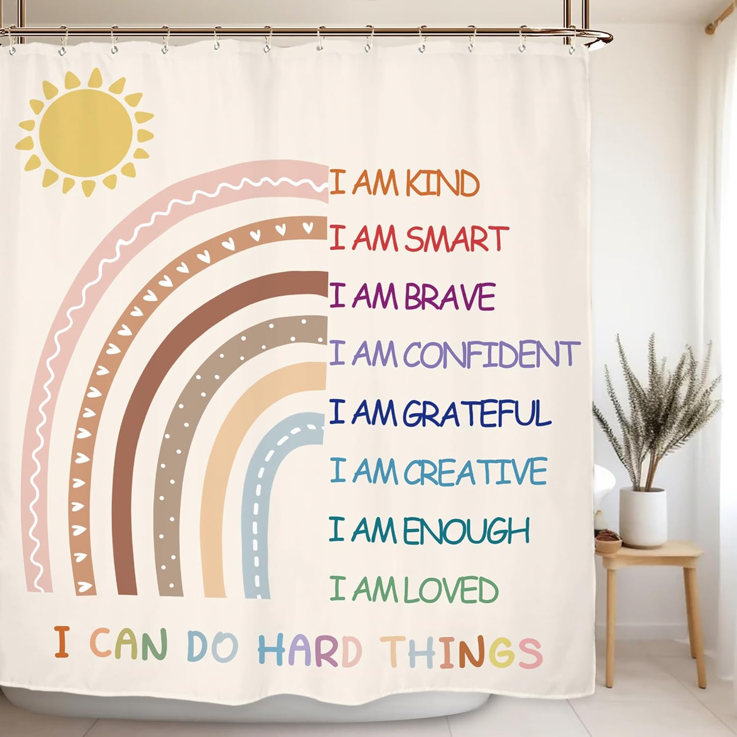 Miyotaa Rainbow Girls Bathroom Shower Curtain Set Pastel Inspirational Quotes