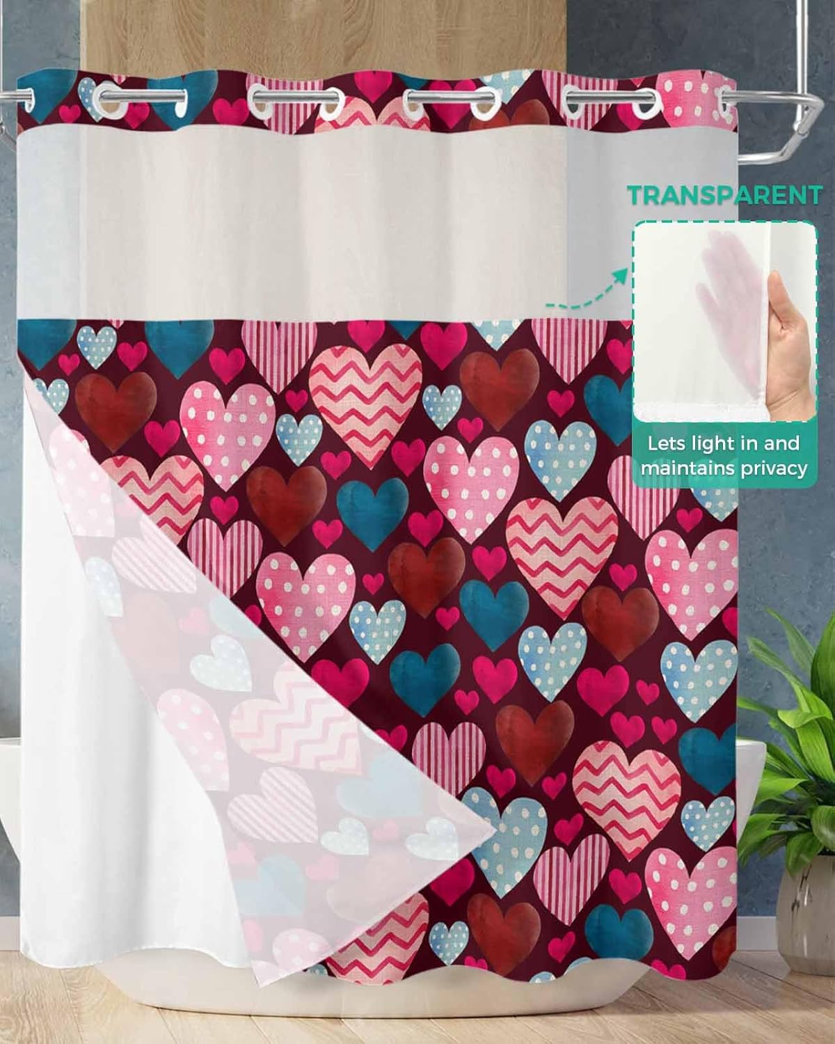 Anzona No Hook Shower Curtains Heart and Love Design