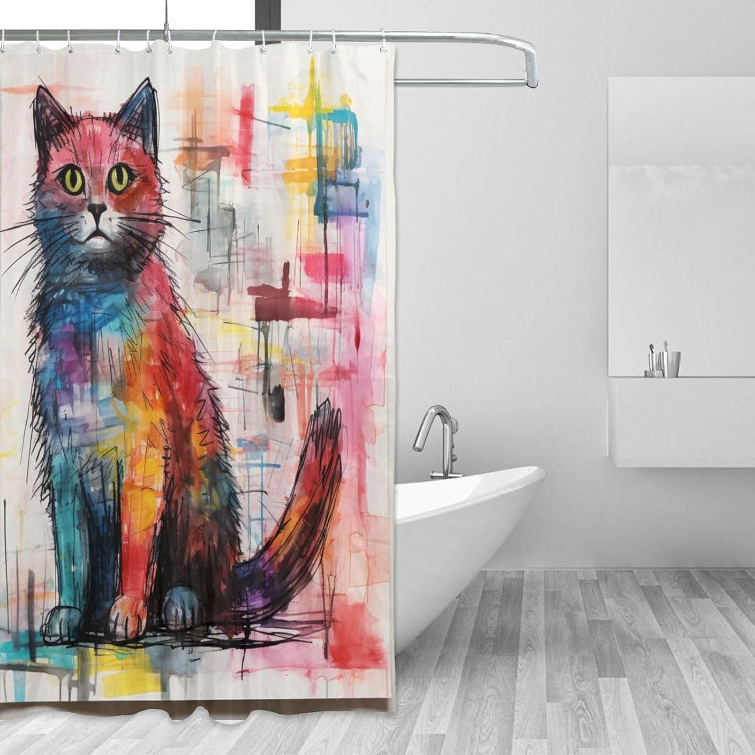 Cute Cat Shower Curtain with 12 Hooks 72x72in