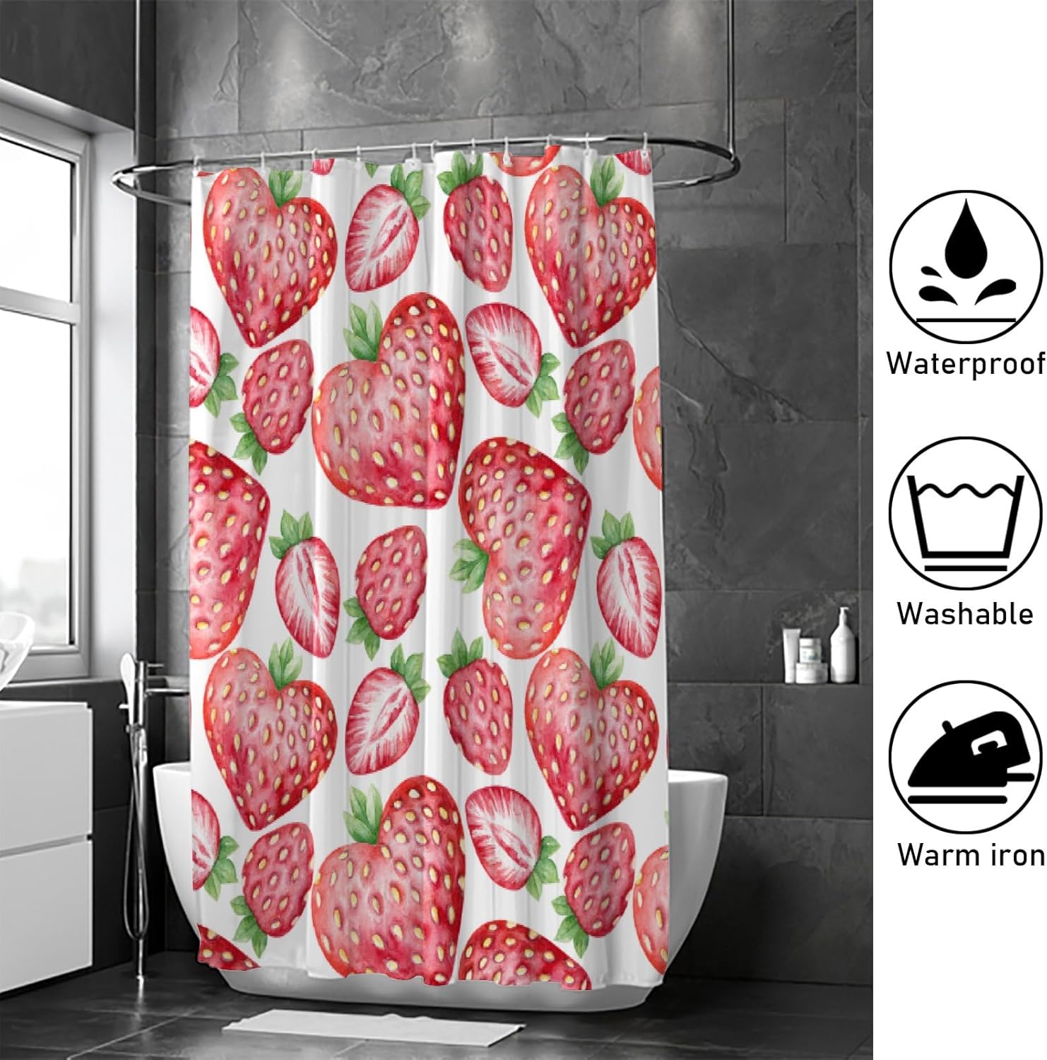 Hapuxt Shower Curtain with 12 Hooks Heart Shaped Strawberries