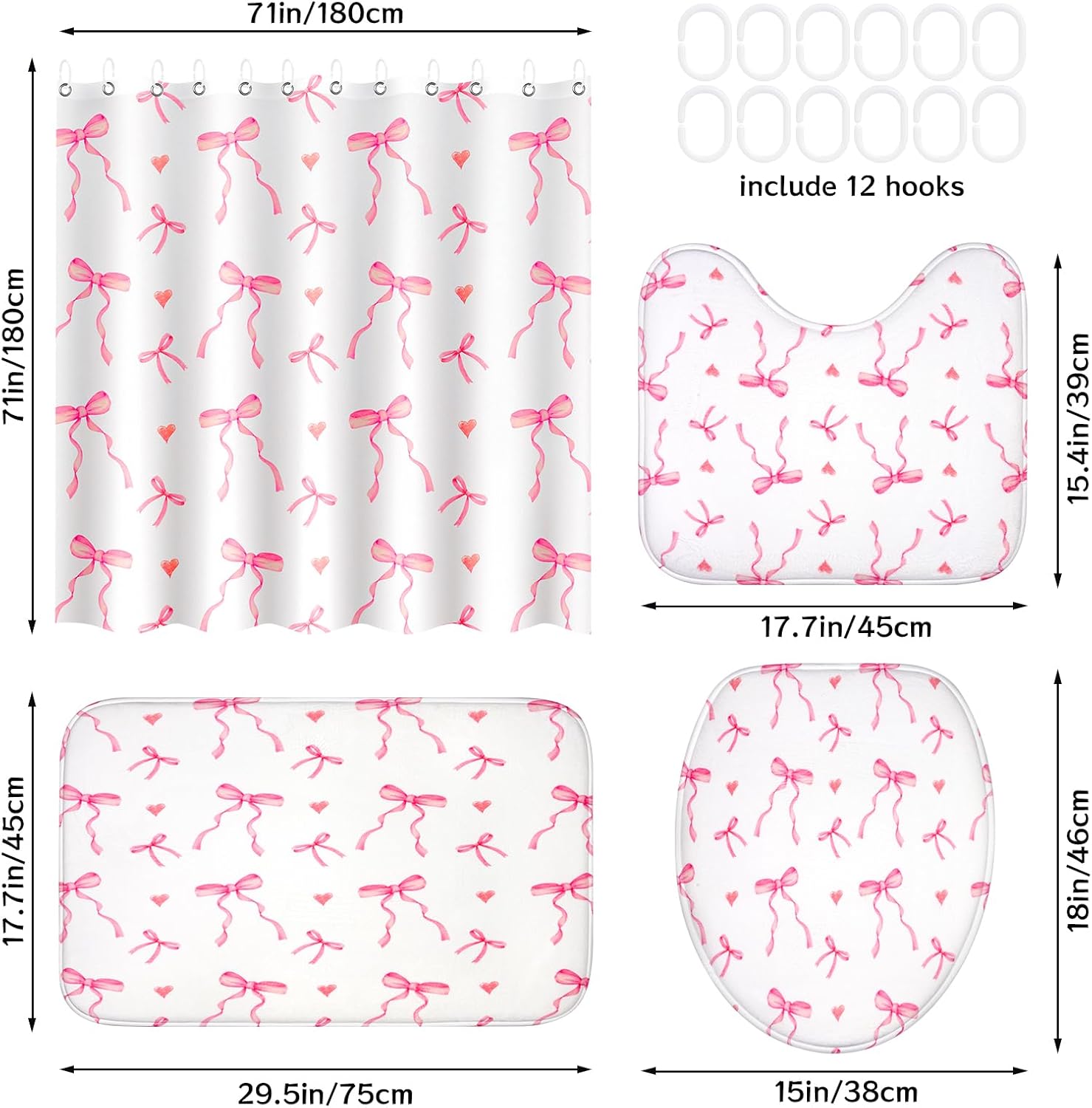 4Pcs Pink Bow Shower Curtain Set with 12 Hooks