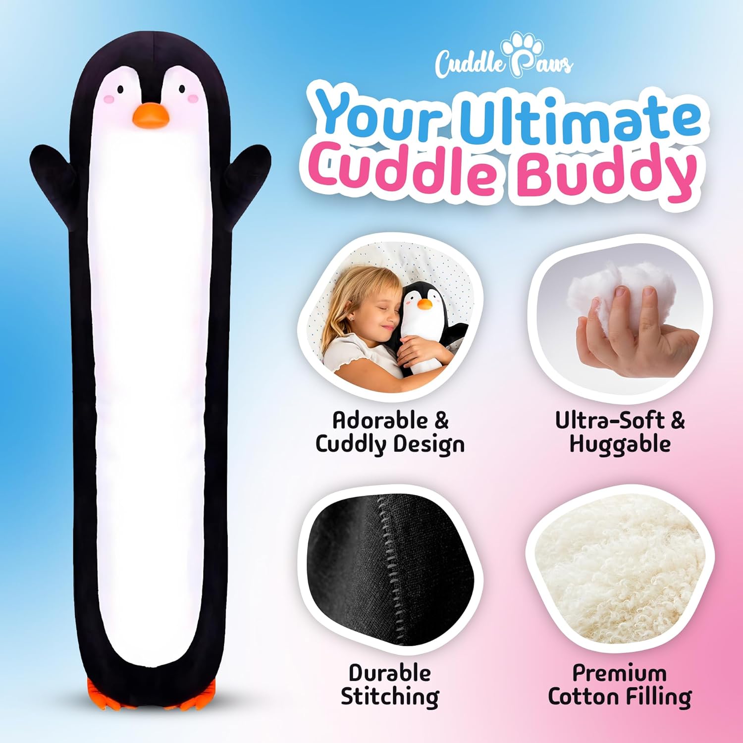 Cuddle Paws Penguin Body Pillow - Soft Plush Toy for Kids and Adults