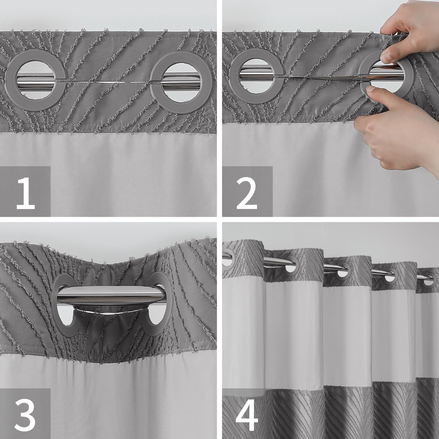 Together Bath Grey no Hook Shower Curtain Set Boho Style