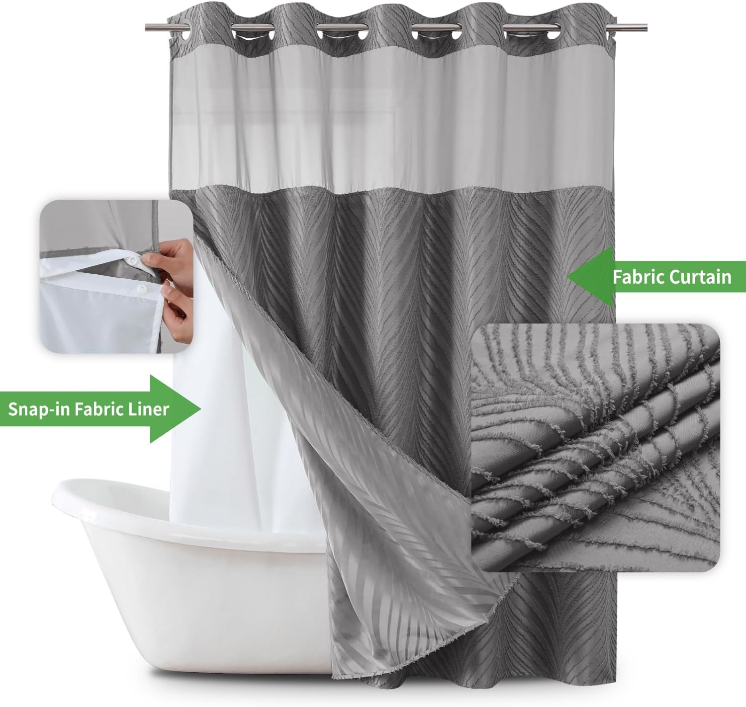 Together Bath Grey no Hook Shower Curtain Set Boho Style