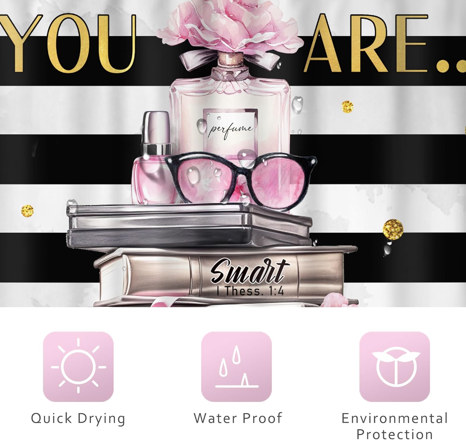 Elegant shower curtain set with modern quotes