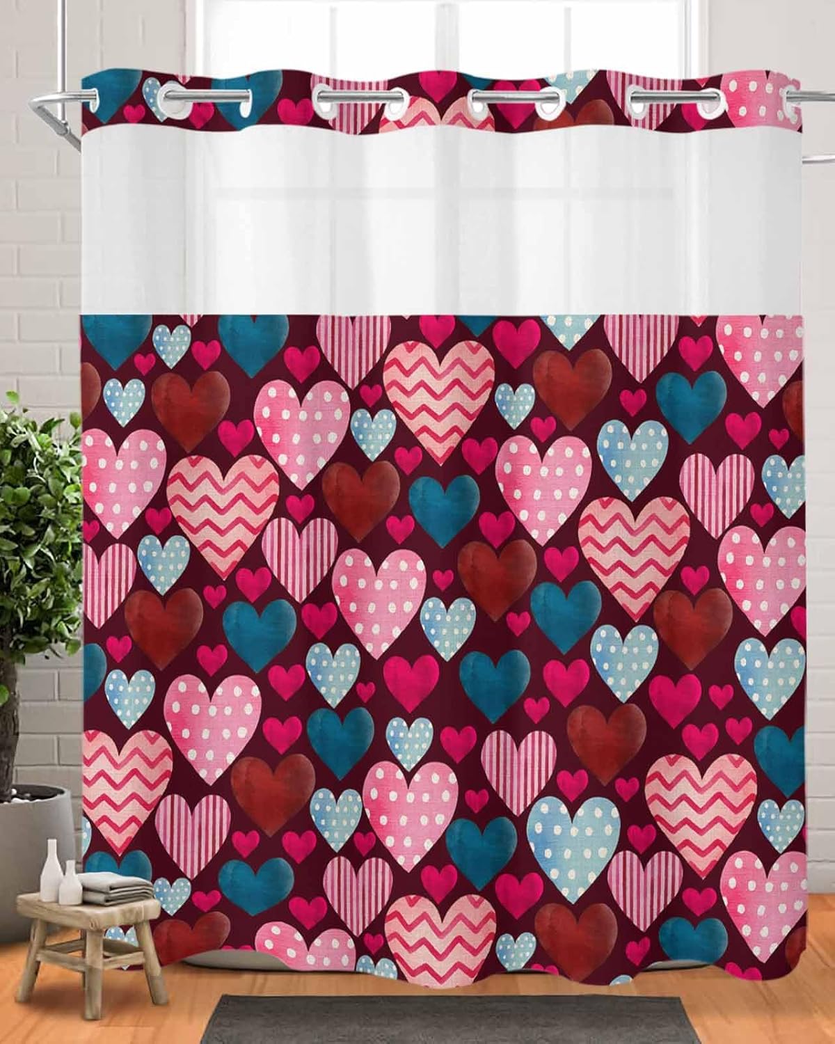 Anzona No Hook Shower Curtains Heart and Love Design