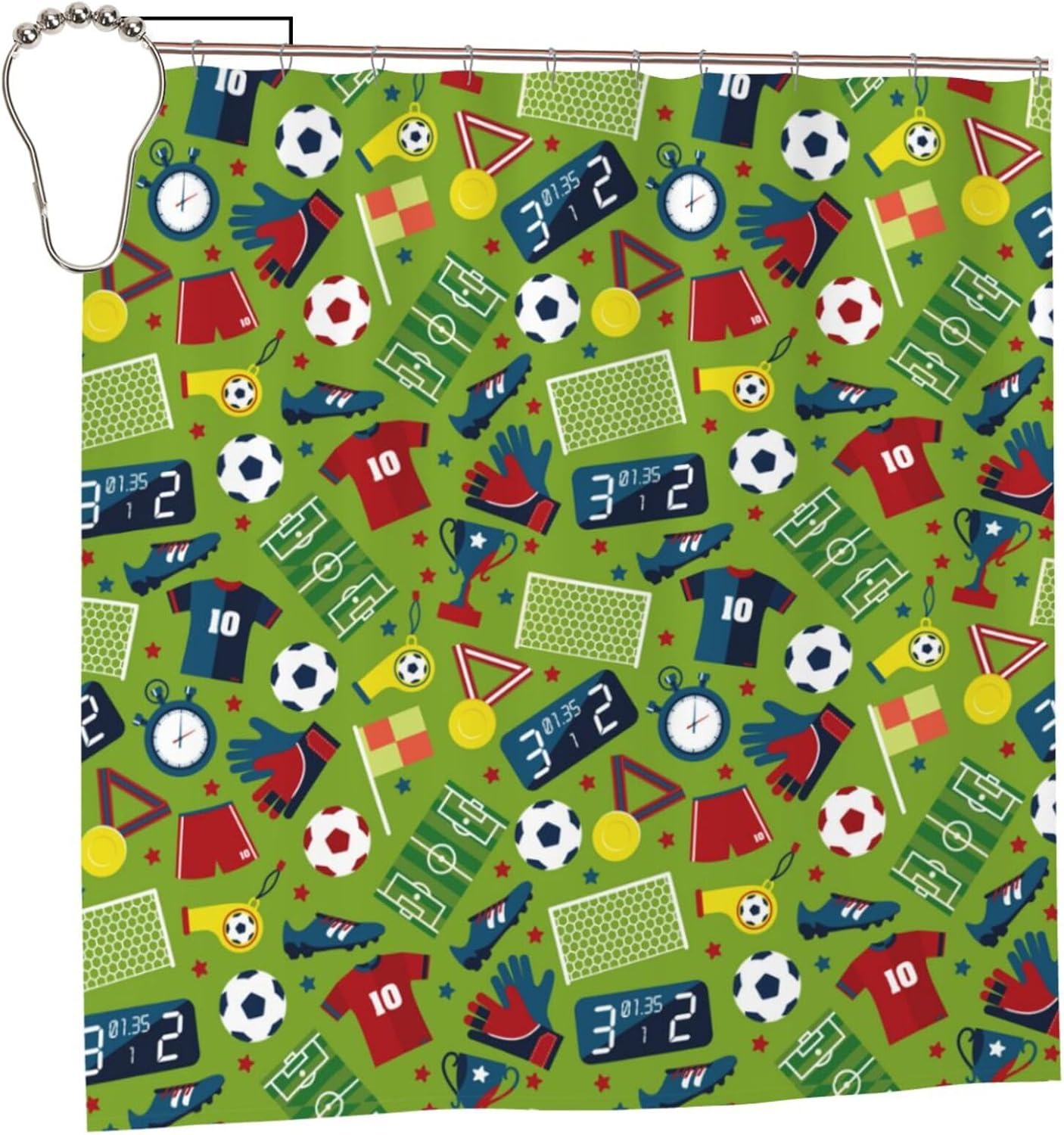 72x72 Inches Soccer Ball Green Shower Curtain with Hooks