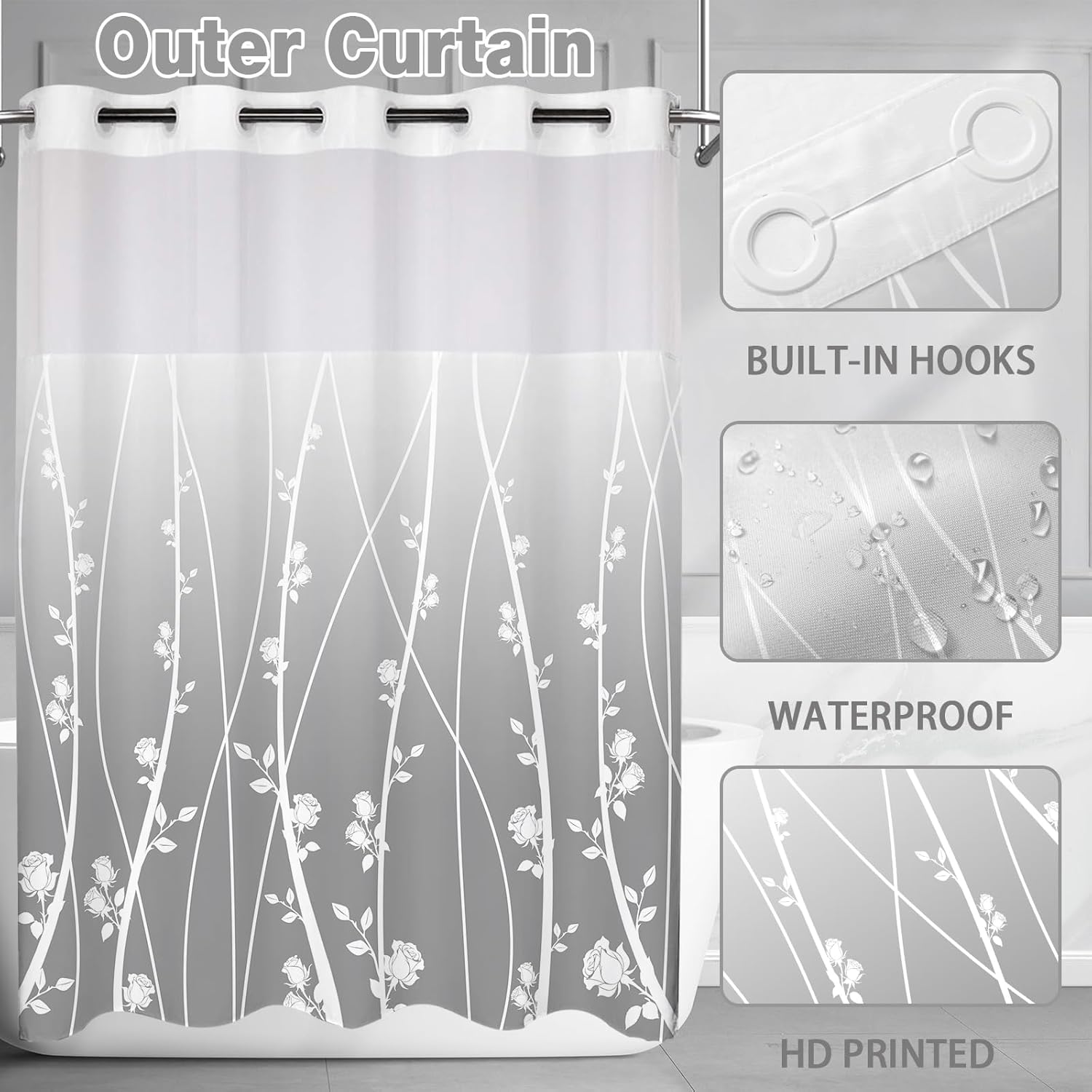 No Hook shower curtain set ombre floral grey fabric 71x74 inches