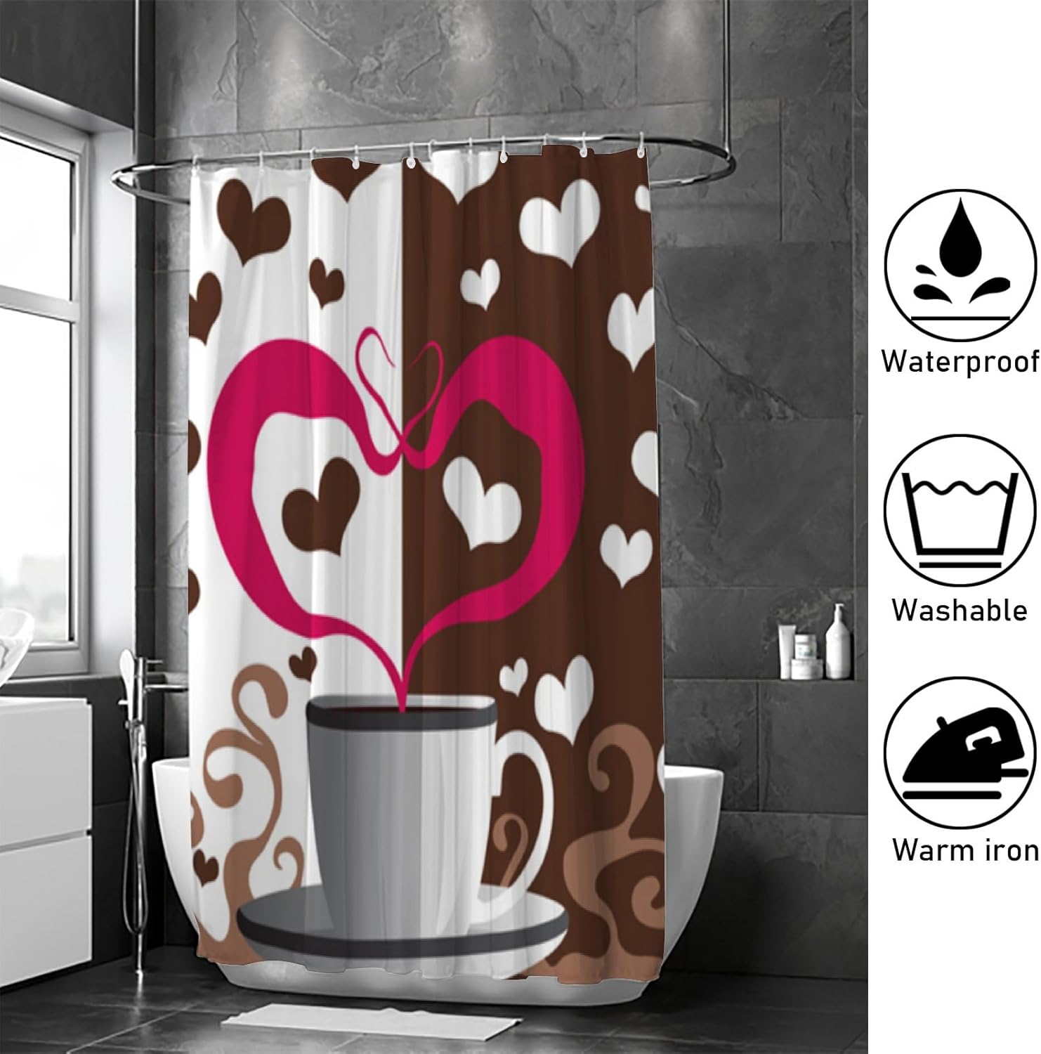Hapuxt Shower Curtain with 12 Hooks Coffee Heart Love Design 60x72in