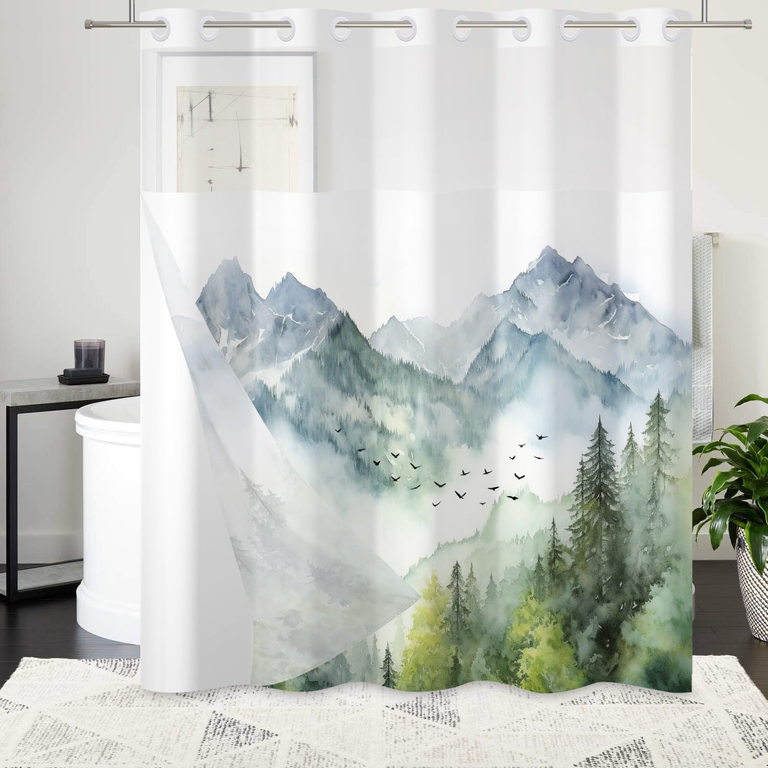 AWERT Misty Forest No Hook Shower Curtain with Liner