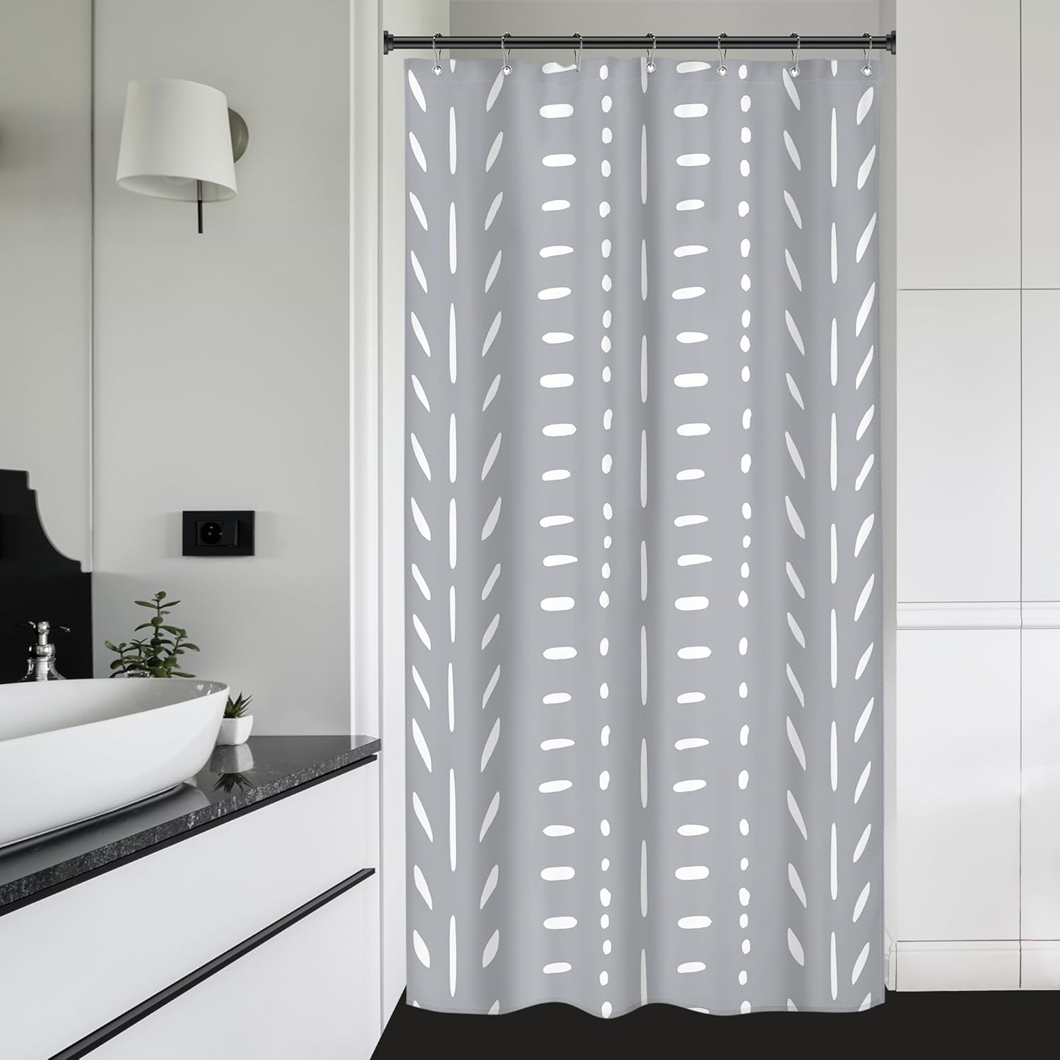 Riyidecor Small Boho Gray Shower Curtain with 7 Pack Hooks