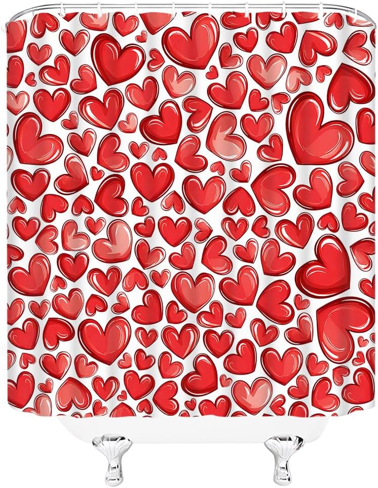 Red Heart Romantic Shower Curtain Set with Hooks for Valentines Day