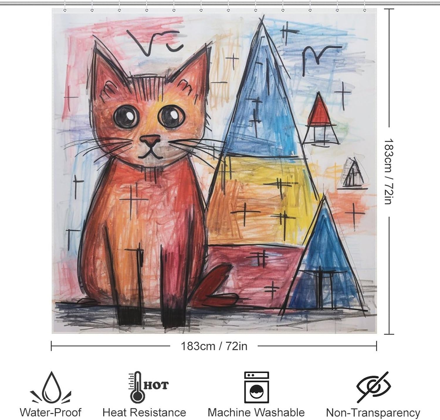 Cute Cat Shower Curtain Crayon Drawing Boho Set for Kids 72x72in