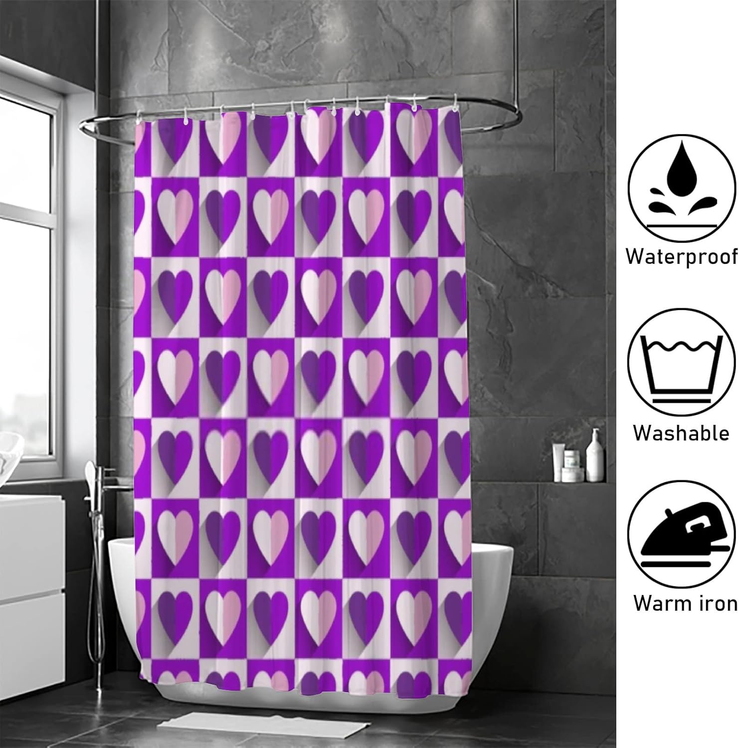 Hapuxt Valentines Day Heart Purple Shower Curtains Durable Waterproof Machine Washable