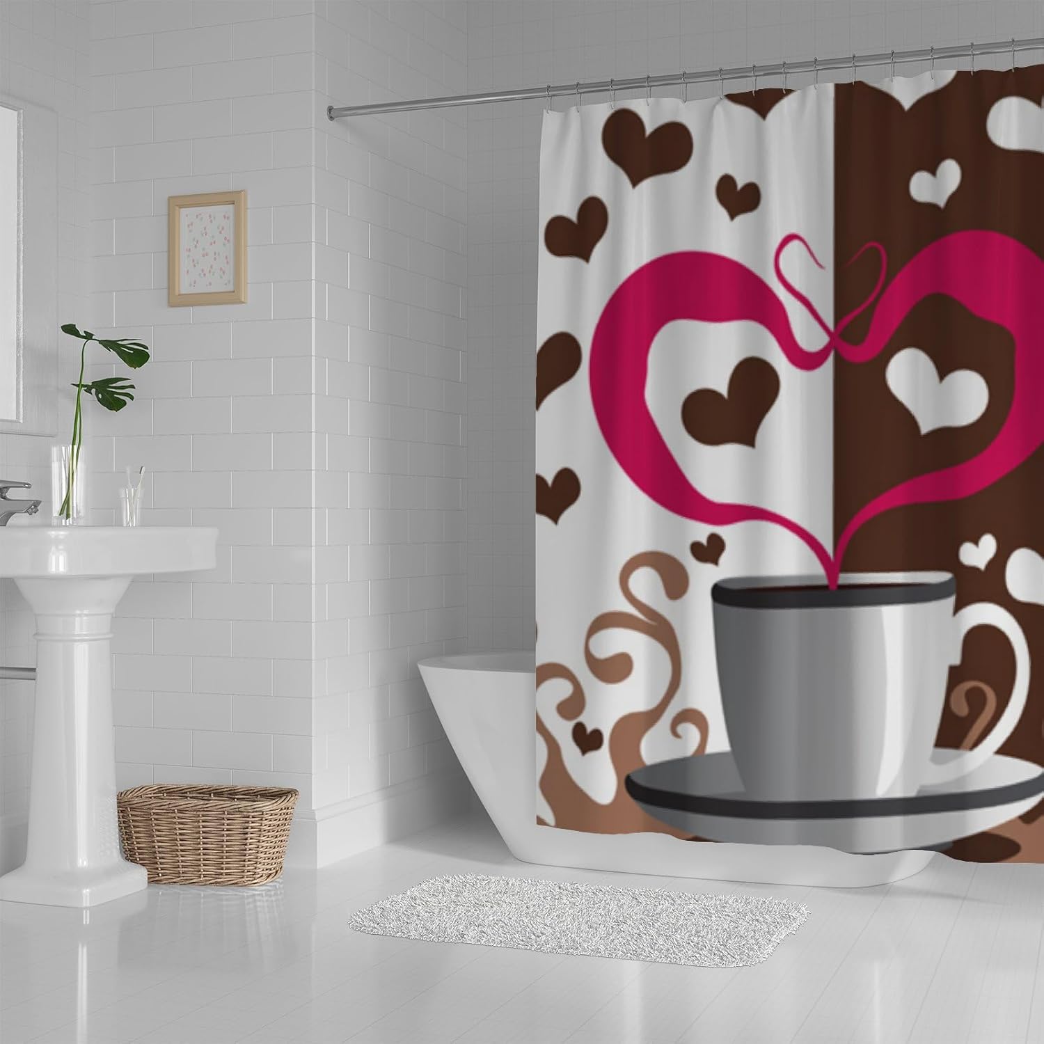 Hapuxt Shower Curtain with 12 Hooks Coffee Heart Love Design 60x72in