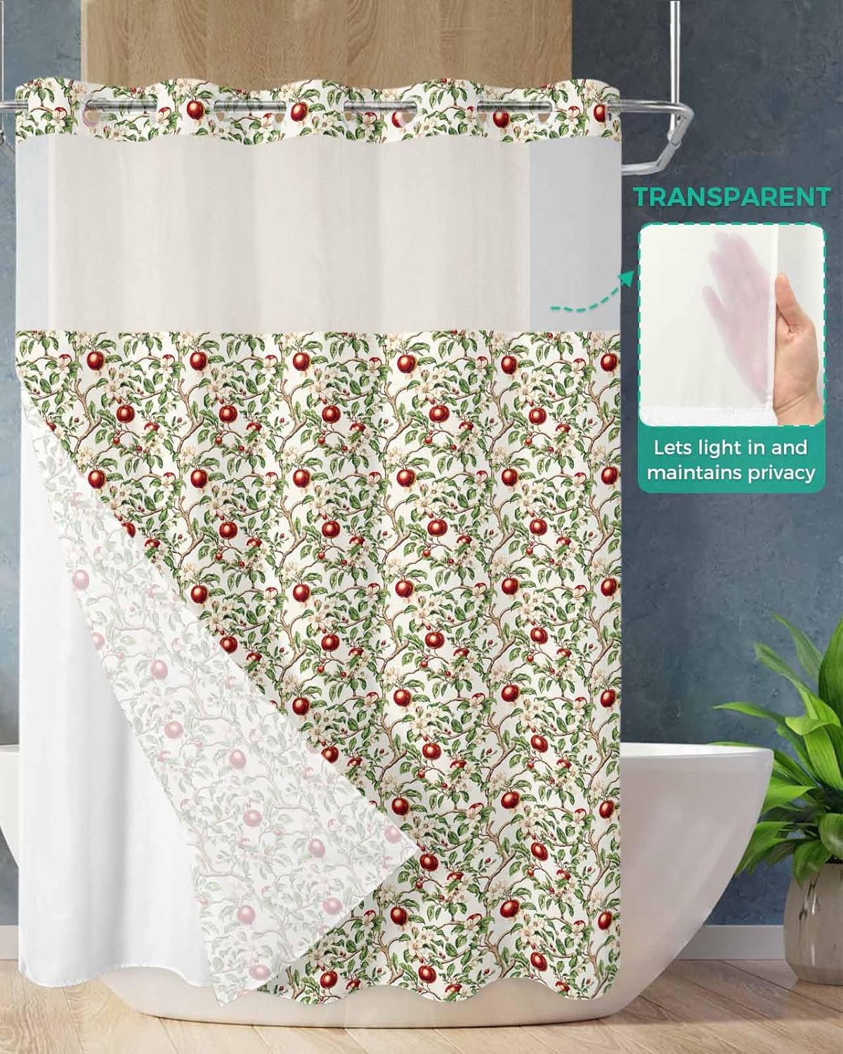 Art Deco Hotel Style Green Fruit No Hooks Shower Curtain Set 60x72