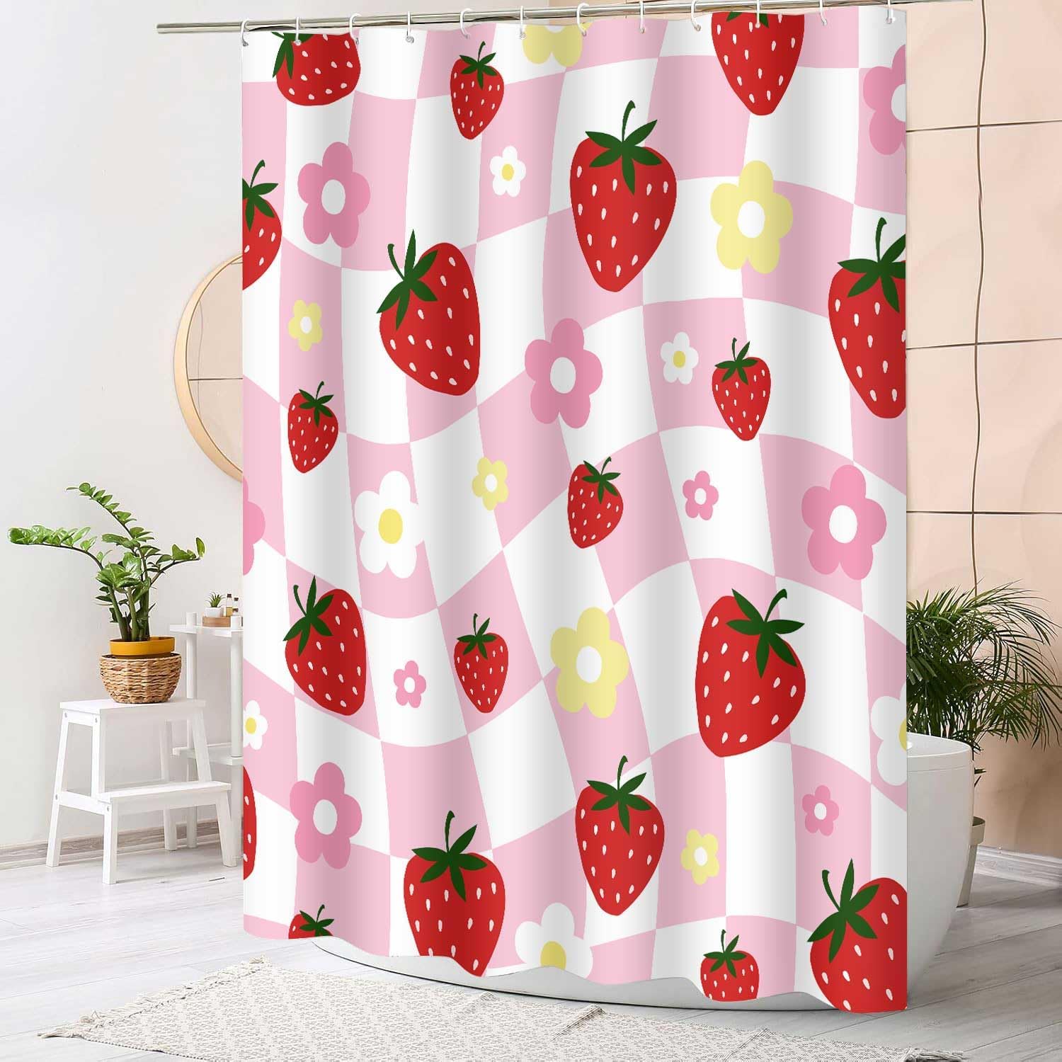 Strawberry Shower Curtain Retro Girly Design for Bathroom Decor