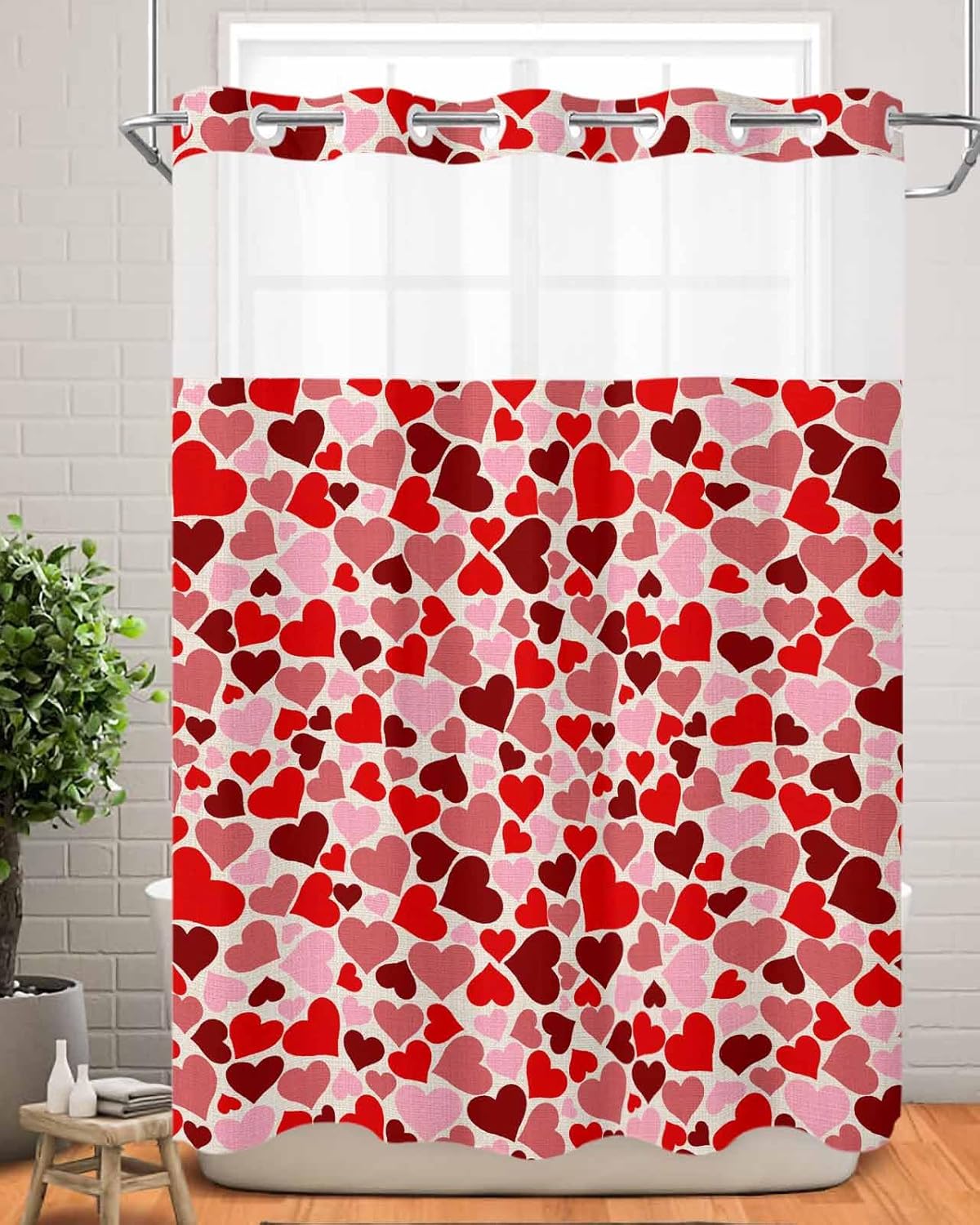 Valentines Red Pink Heart Shower Curtain Set