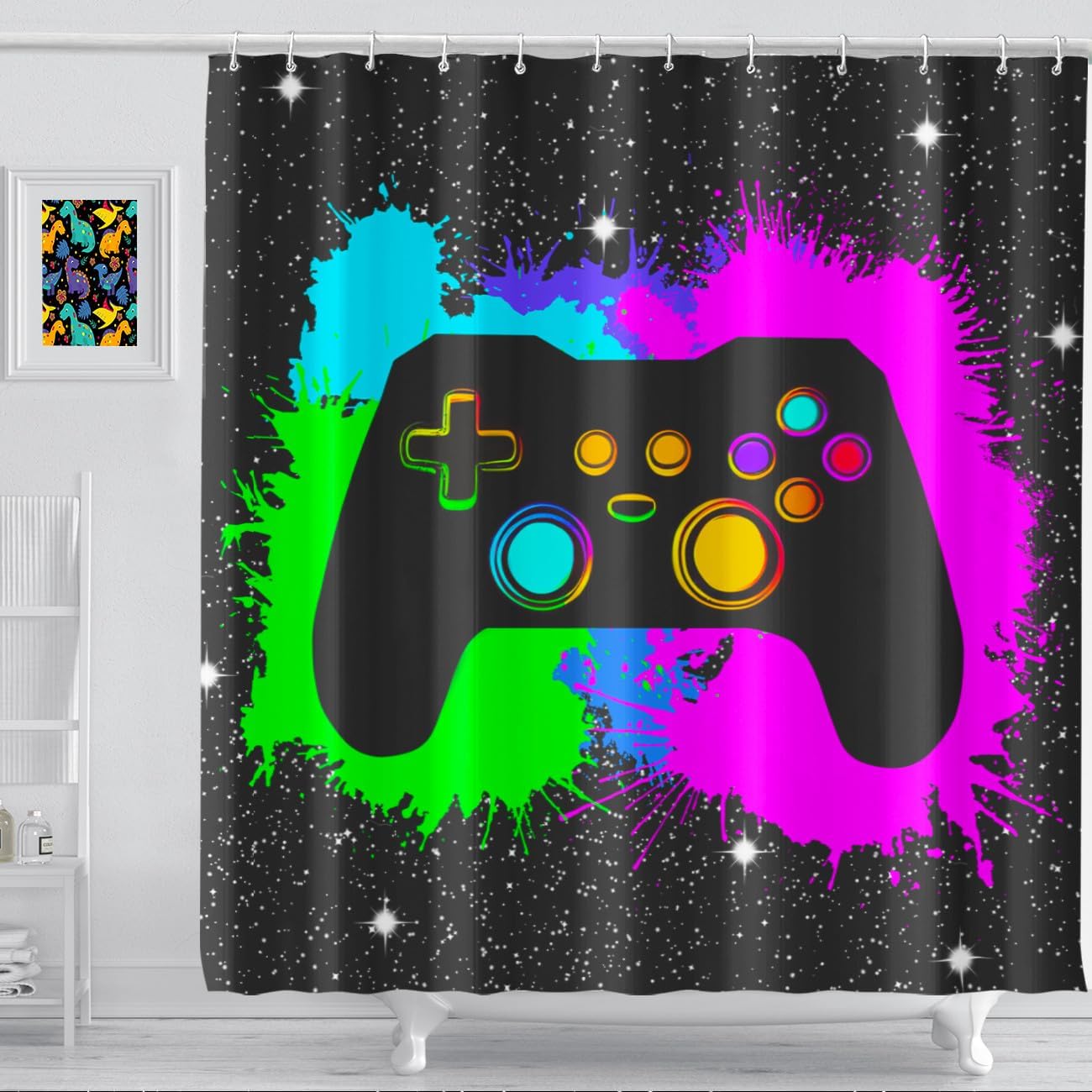 Boys Gaming Shower Curtain Set Graffiti Gamepad Themed - 12 HooksEasy Install