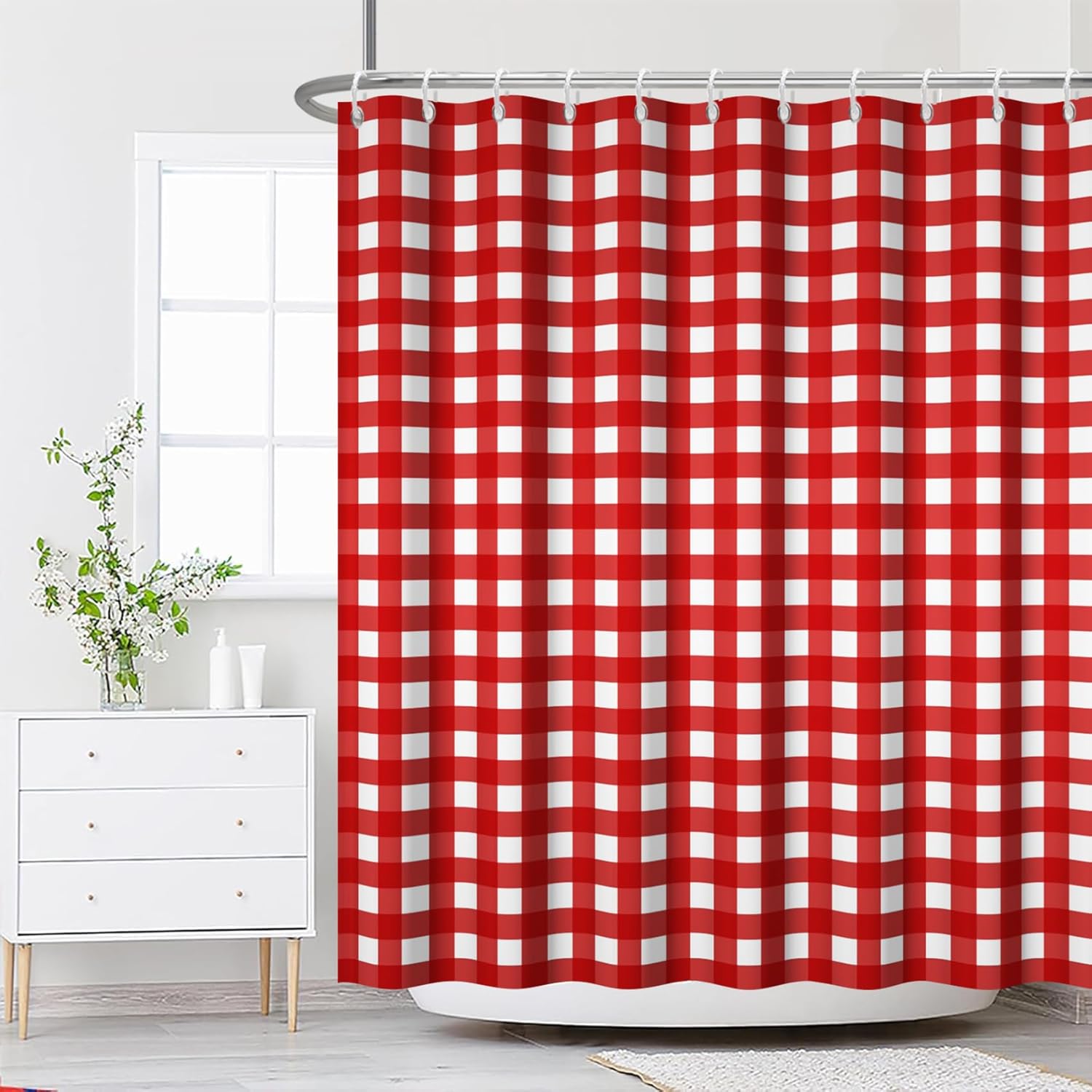 Renaiss 60x72 Inch Red Plaid Geometric Check Shower Curtain