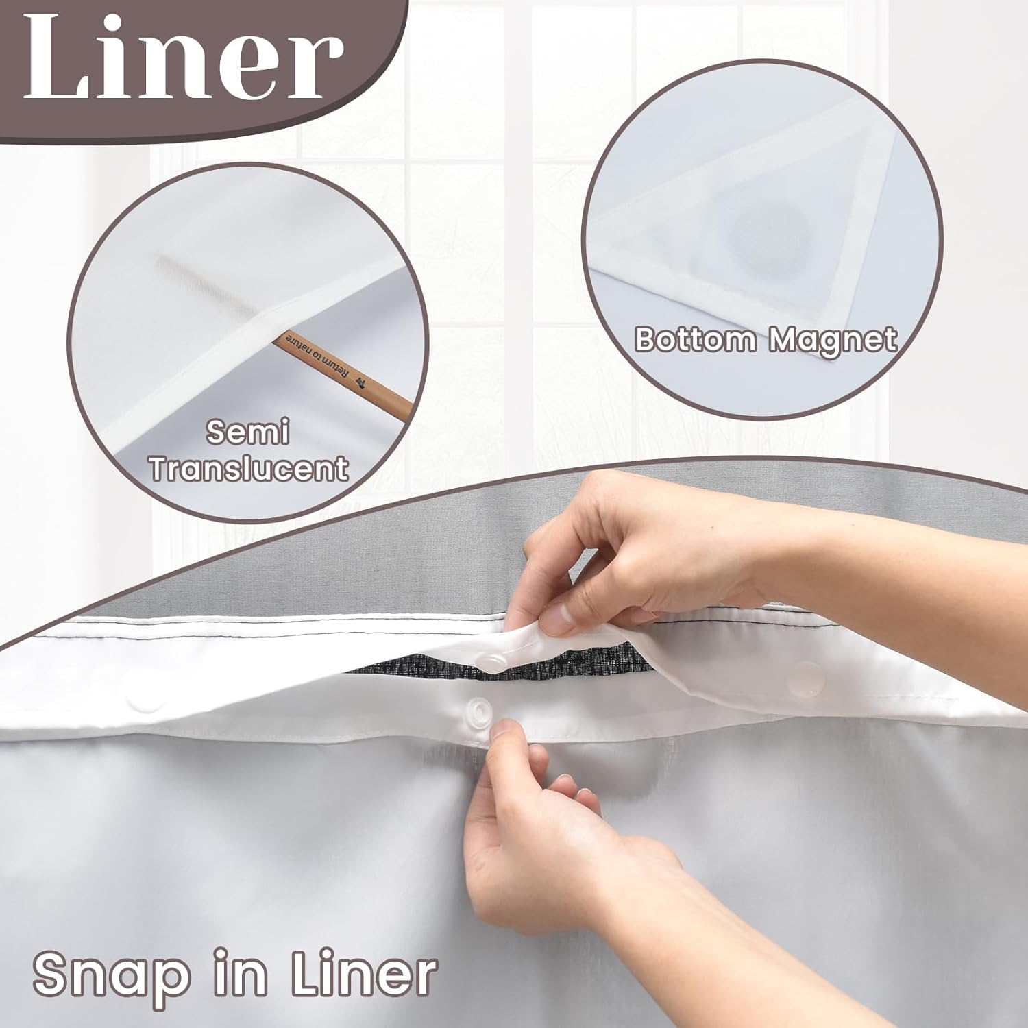 No Hook Slub Textured Shower Curtain Set - Black Outer Waterproof Inner 71x86 in