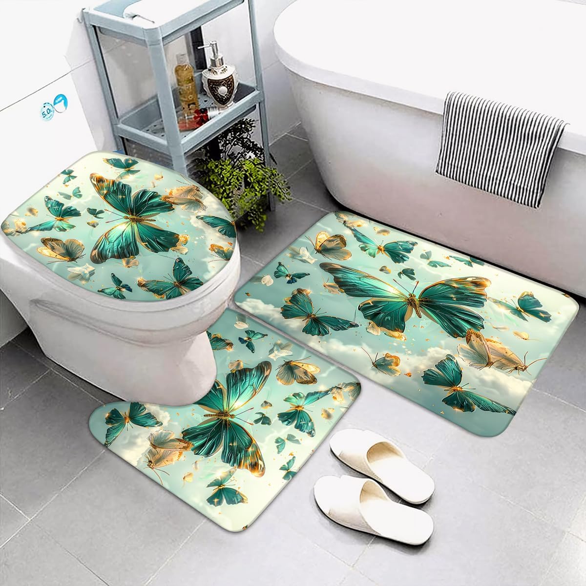 AlexEx 4-Piece Green Butterfly Shower Curtain Set