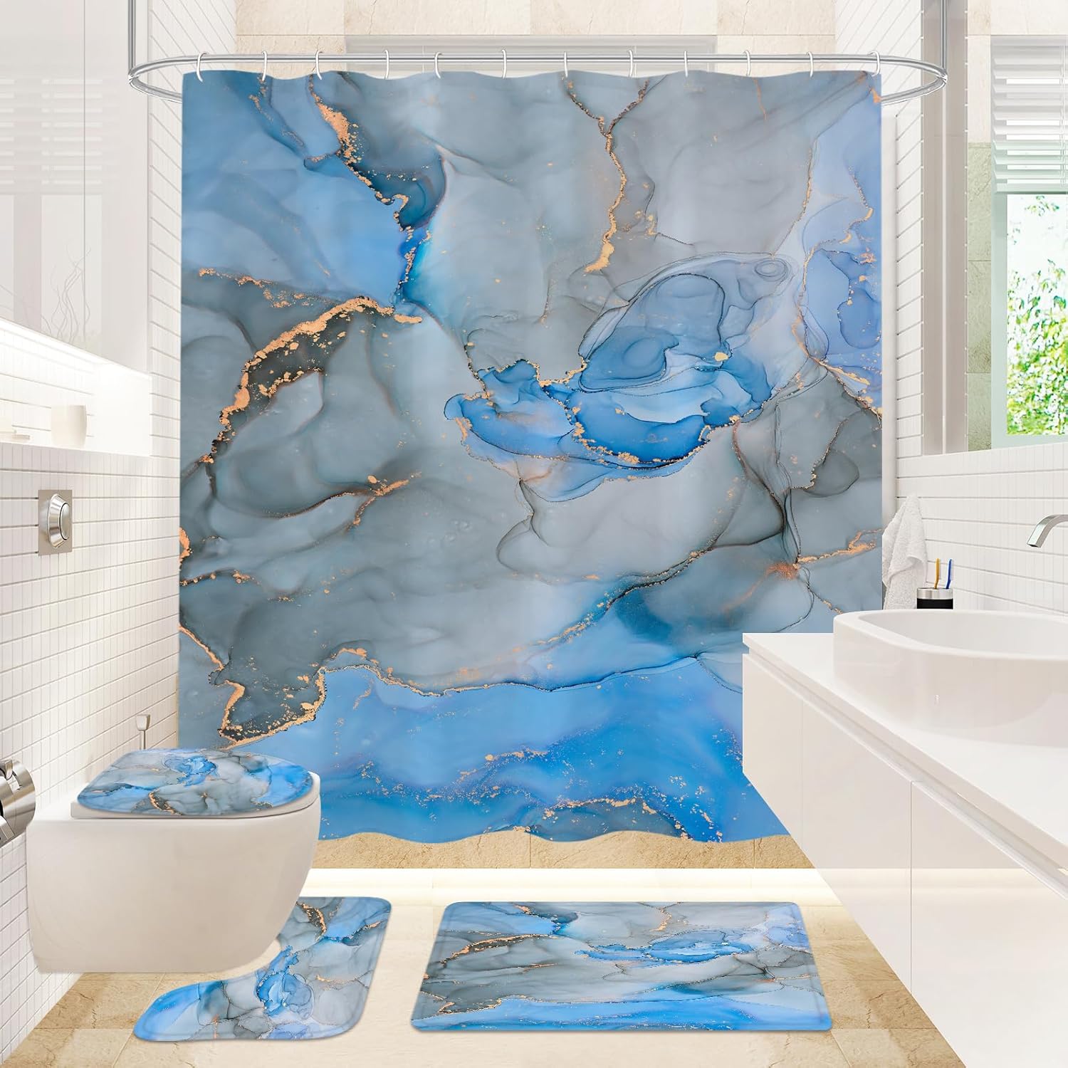 Gibelle 4-Piece Bathroom Set with Bath Curtain Rugs More