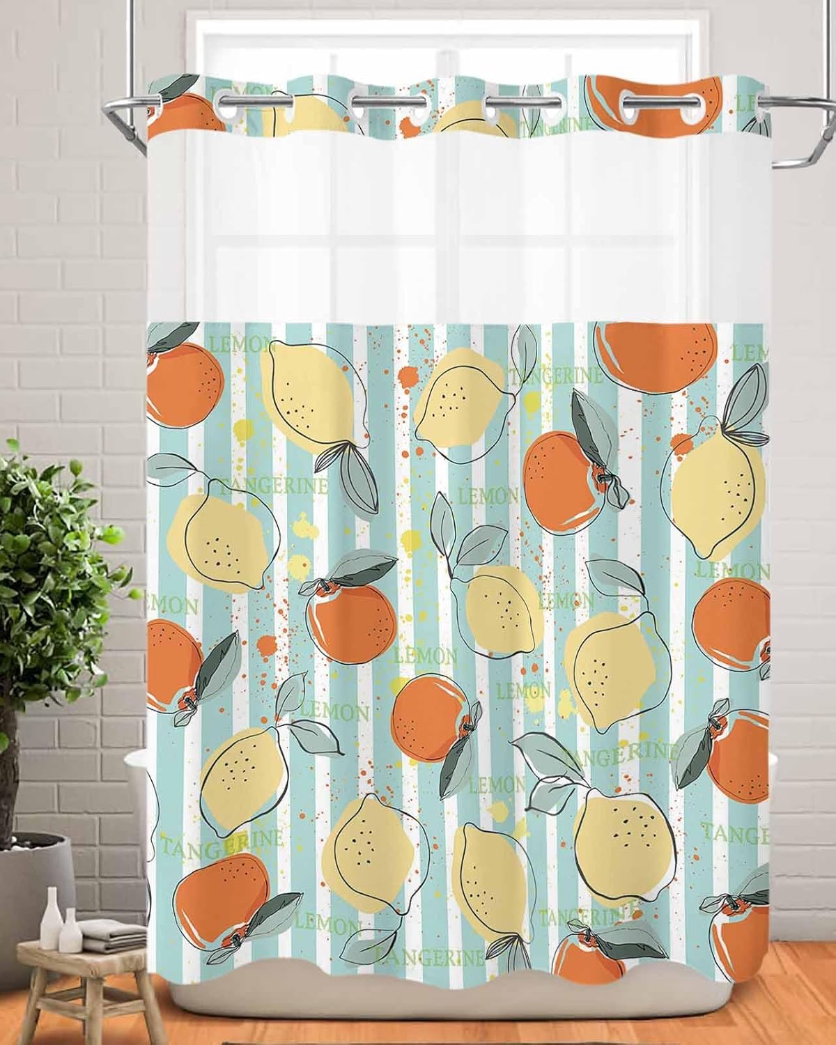 No Hook Summer Lemon Teal Orange Shower Curtain Set Waterproof Swap-in Design