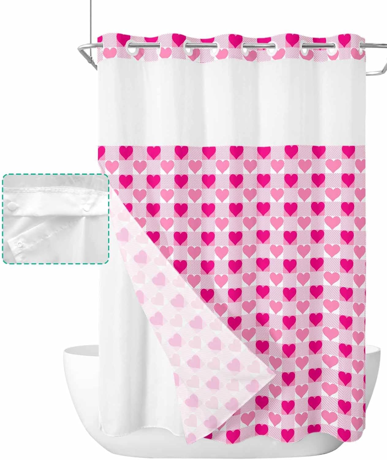 Instant no hook shower curtain set quick dry waterproof with heart design