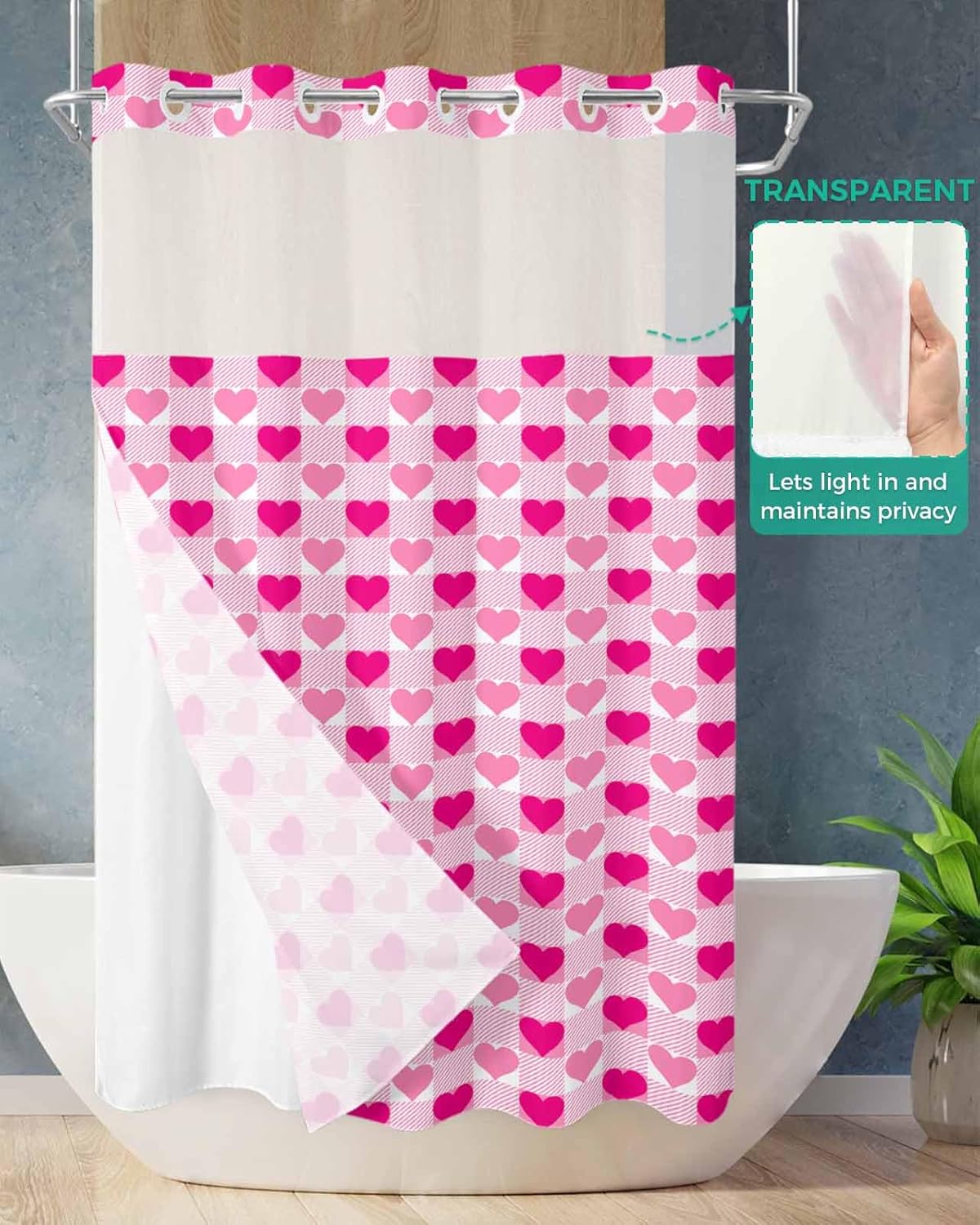 No-Hook Shower Curtain Set with Liner Valentine Pink Heart Design waterproof elegant