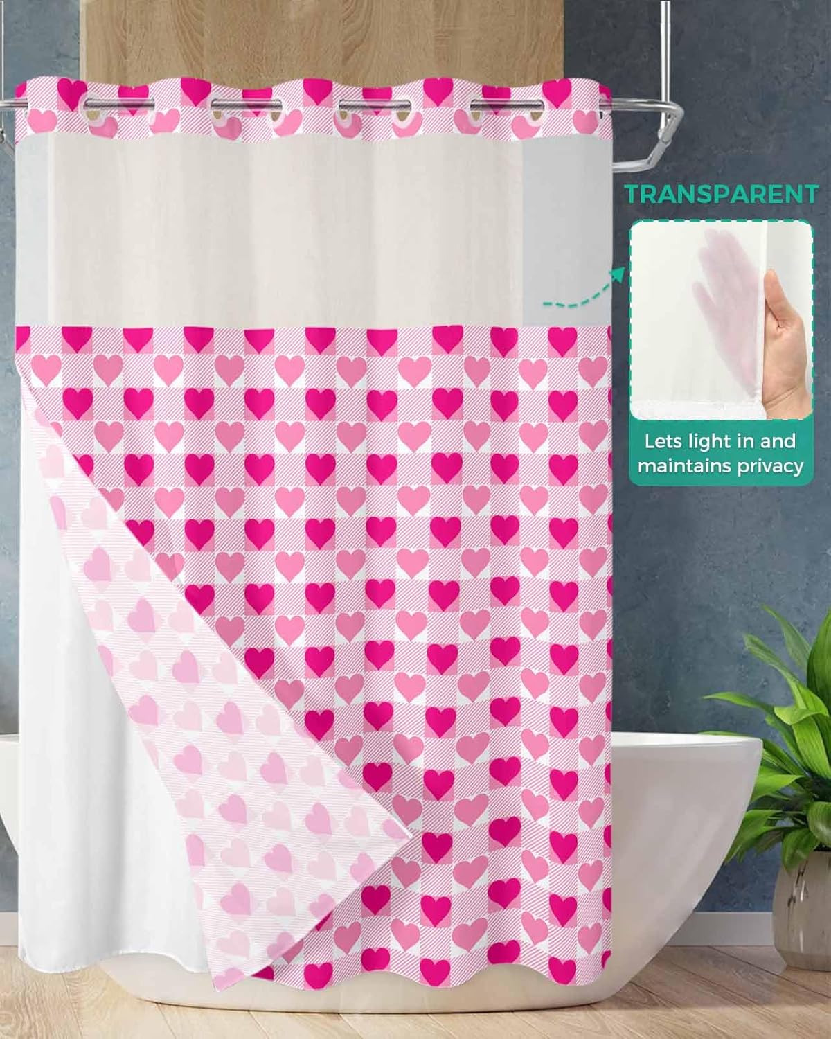 Instant no hook shower curtain set quick dry waterproof with heart design