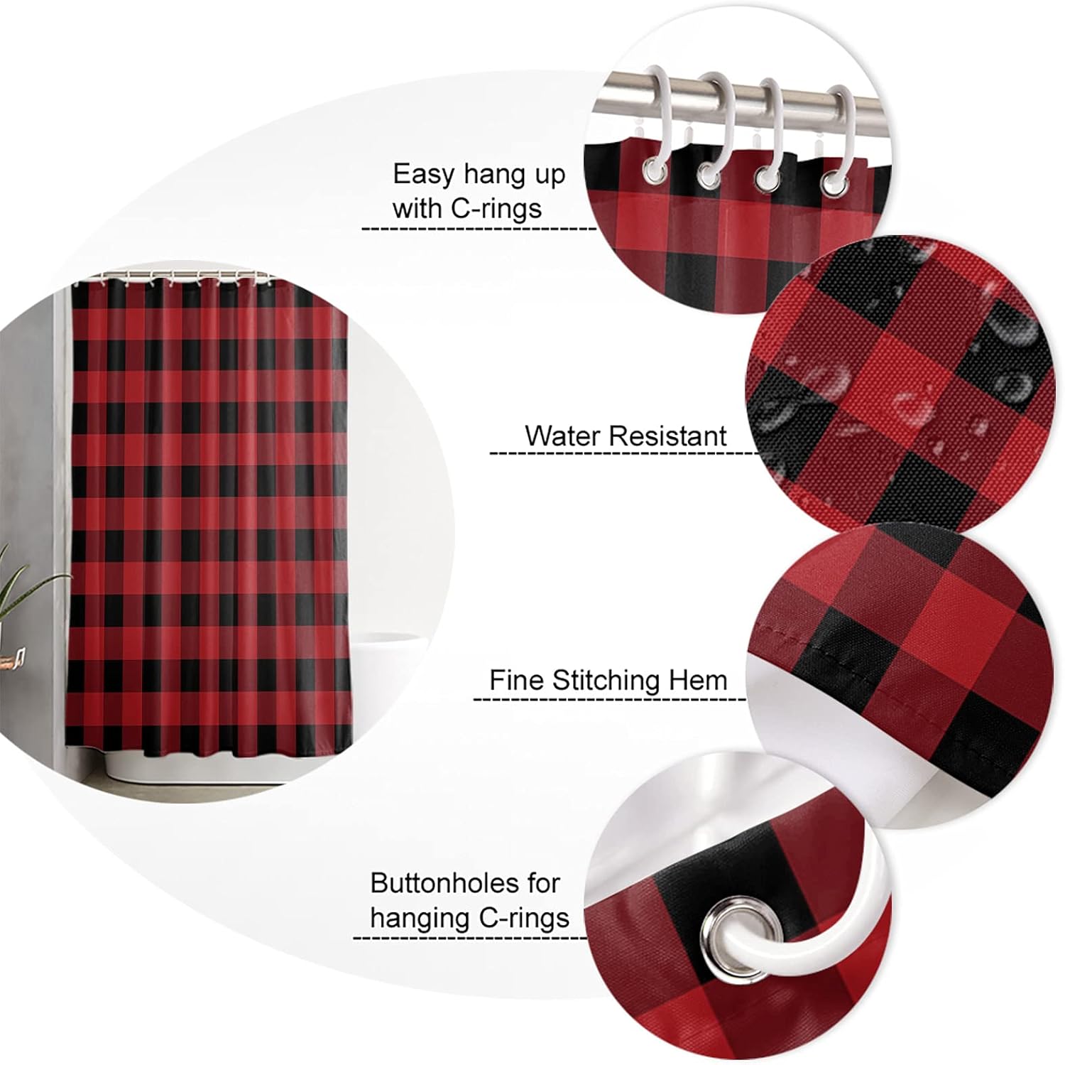 ALAGEO Christmas Shower Curtain Red and Black Buffalo Plaid