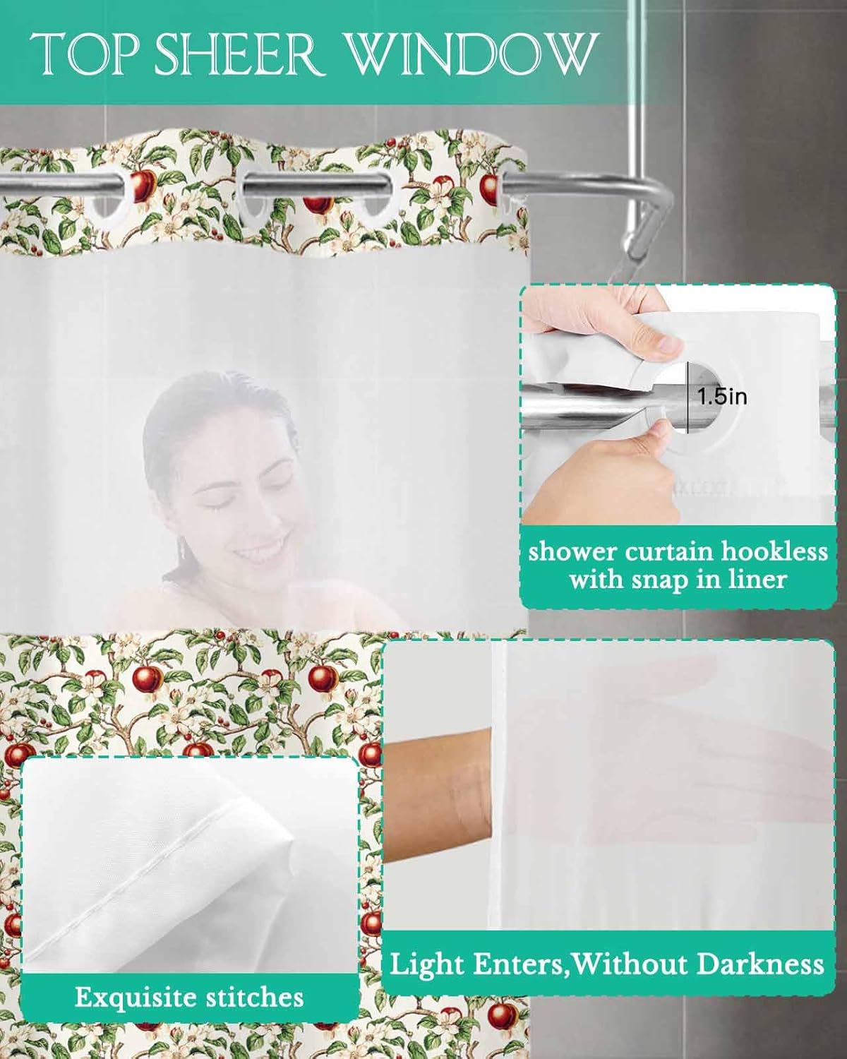 Stylish No Hook Shower Curtains with Snap-in Liner for Home Kitchen