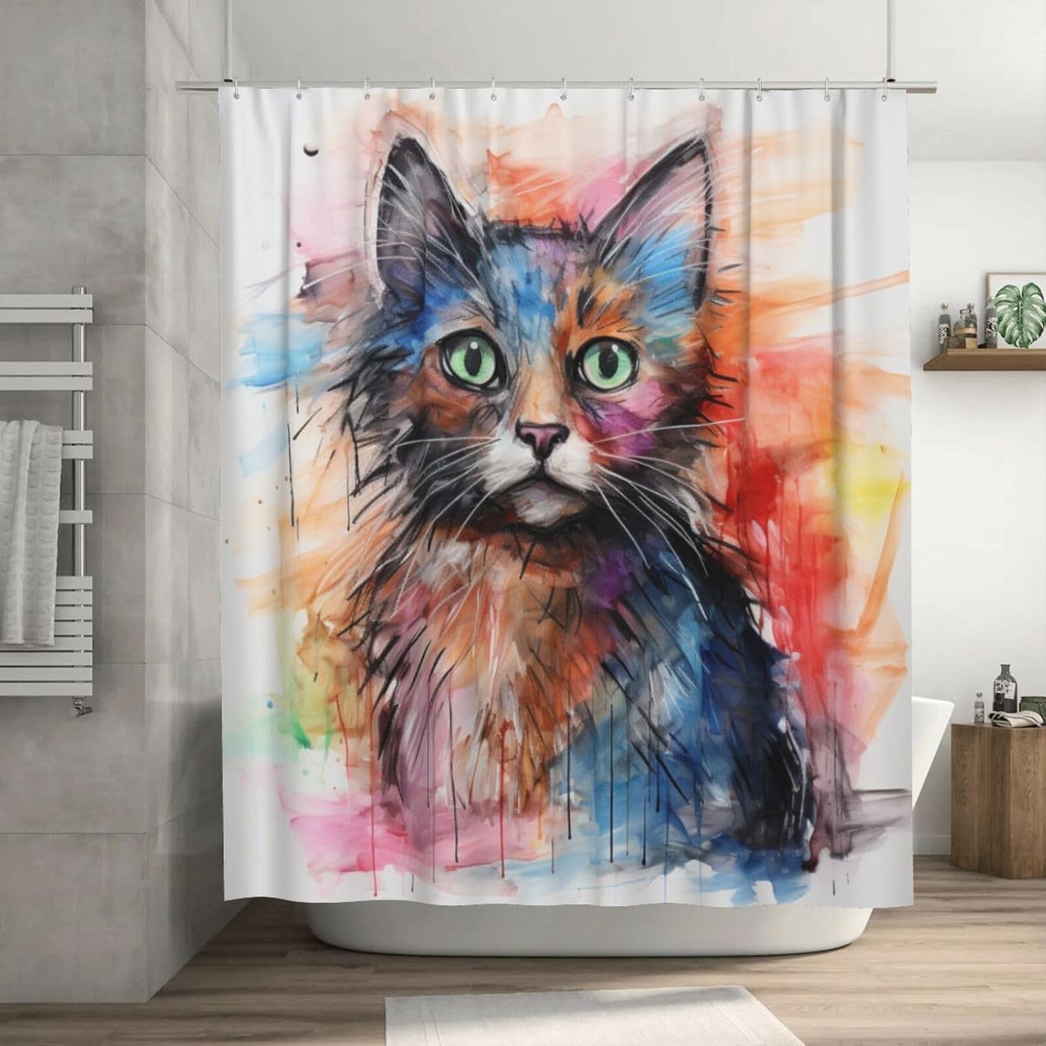 Cute Cat Shower Curtain Set with 12 Hooks 72x72in 1