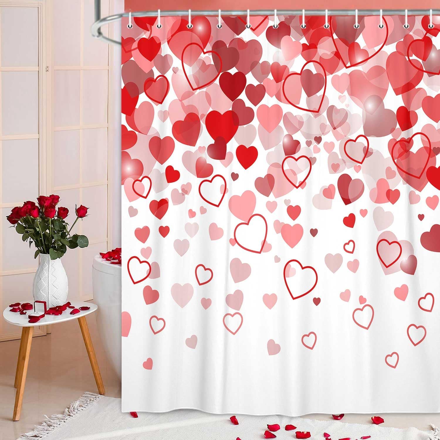 JAWO Valentines Red Heart Shower Curtain Set