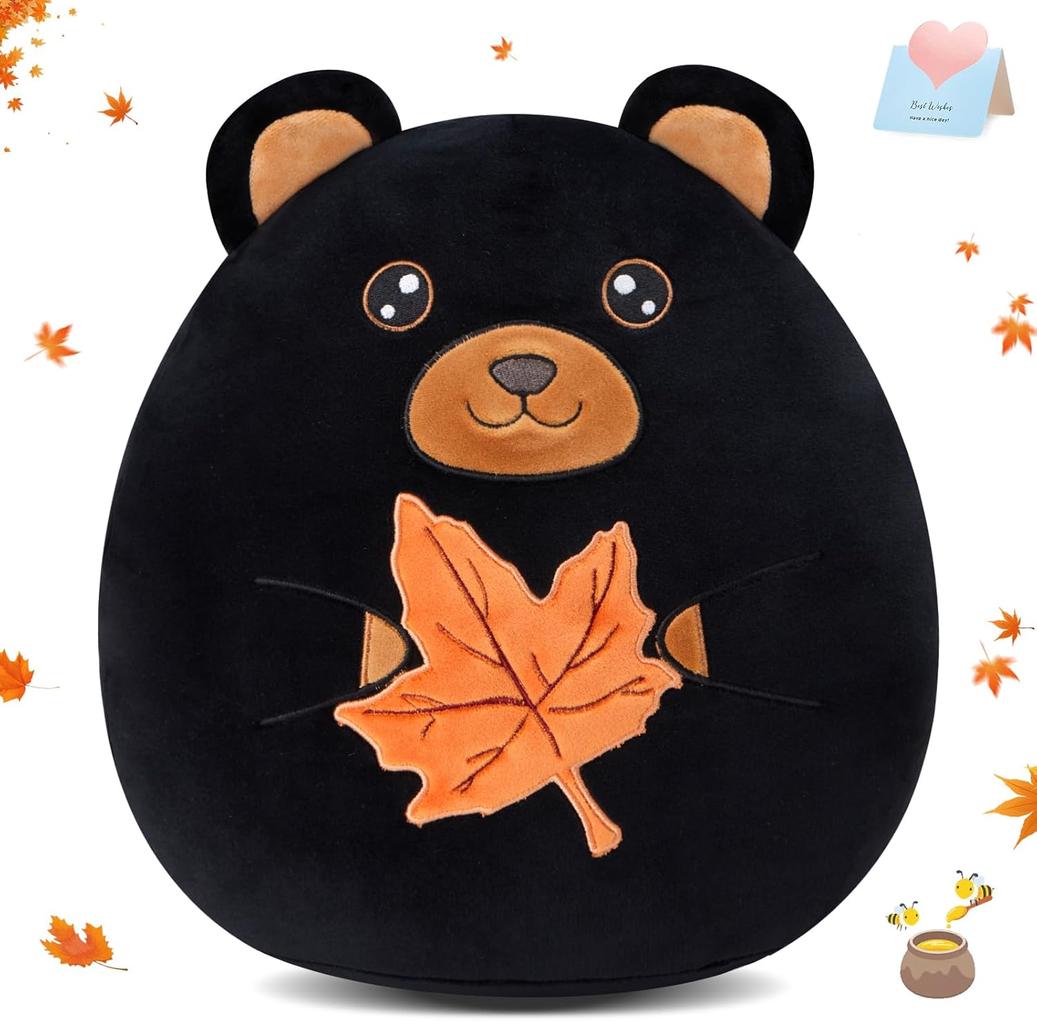 Wewill 12-Inch Black Bear Plush Pillow Cute Bear Holding Maple Leaf