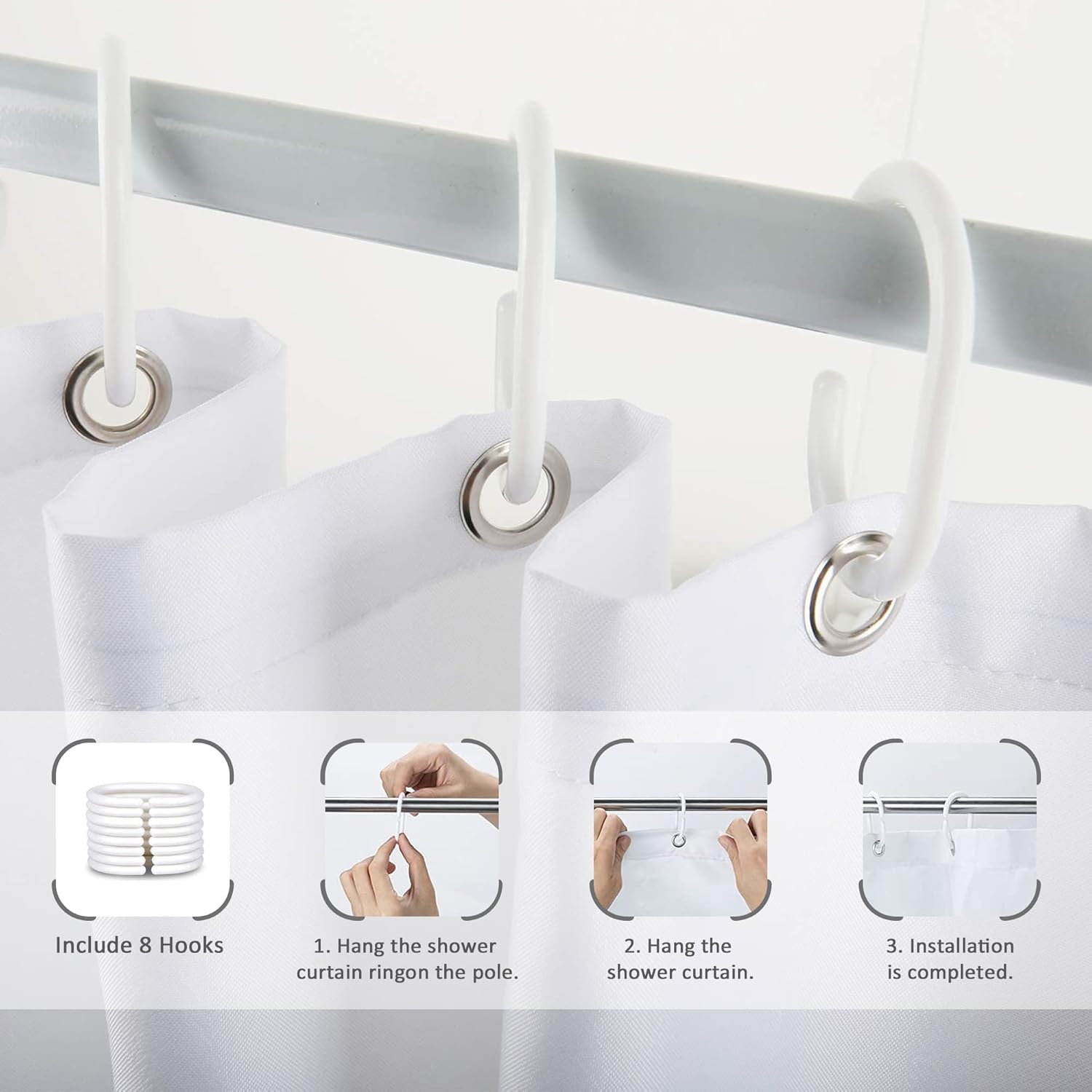 Riyidecor Small Boho Gray Shower Curtain with 7 Pack Hooks