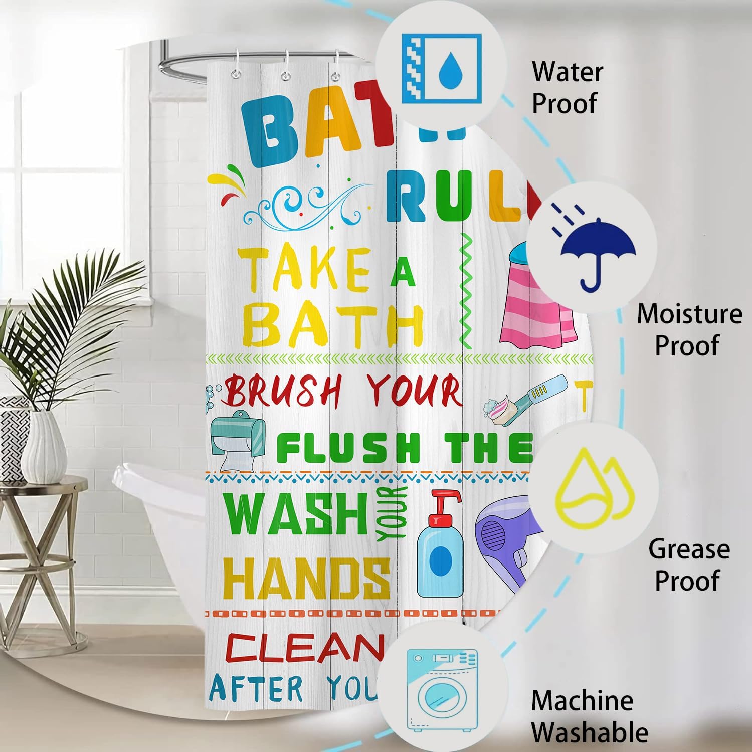 4PCS Kids Shower Curtain Set with Funny Rules and Non-Slip Mats