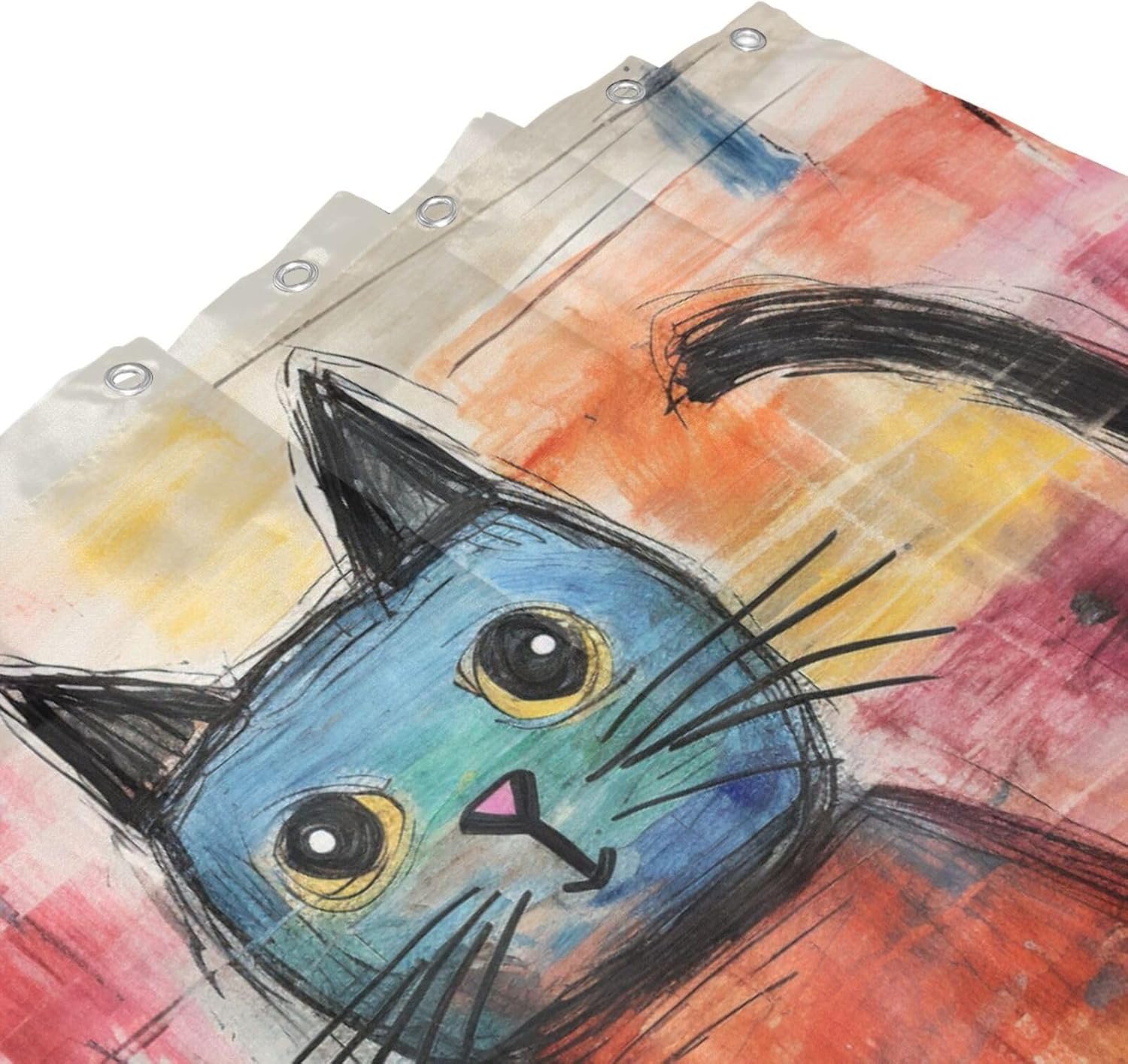 Cute Cat Shower Curtain Set Abstract Boho Design