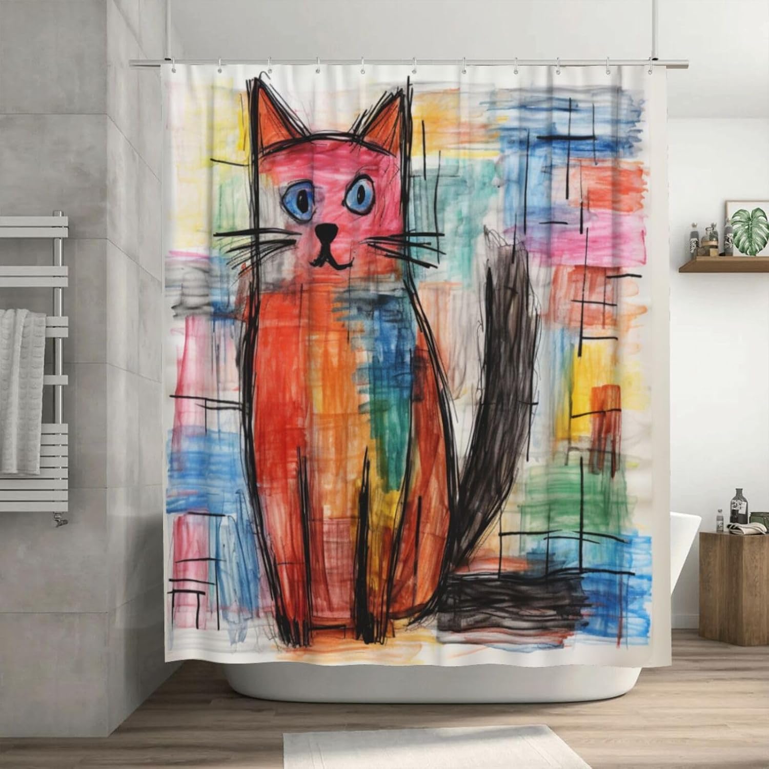 DAOWANGZUO Cute Cat Boho Drawing Shower Curtain Set