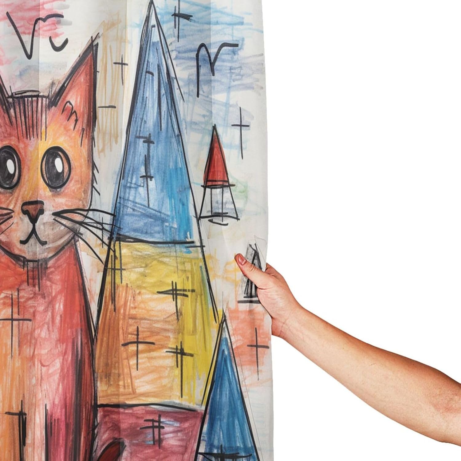 Cute Cat Shower Curtain Crayon Drawing Boho Set for Kids 72x72in